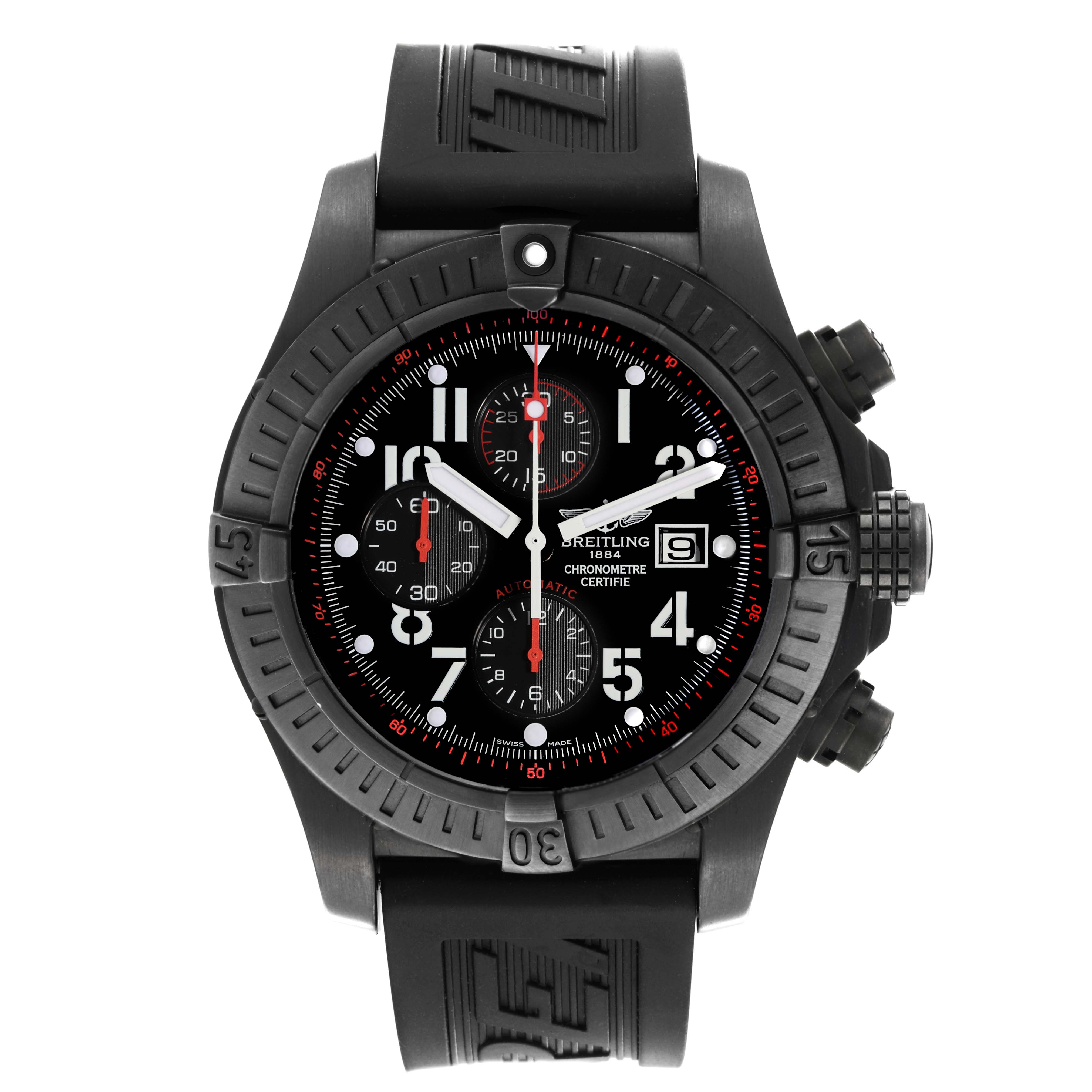The Breitling Limited Series model watch is shown from a front angle, displaying its black dial, chronograph subdials, and rubber strap.