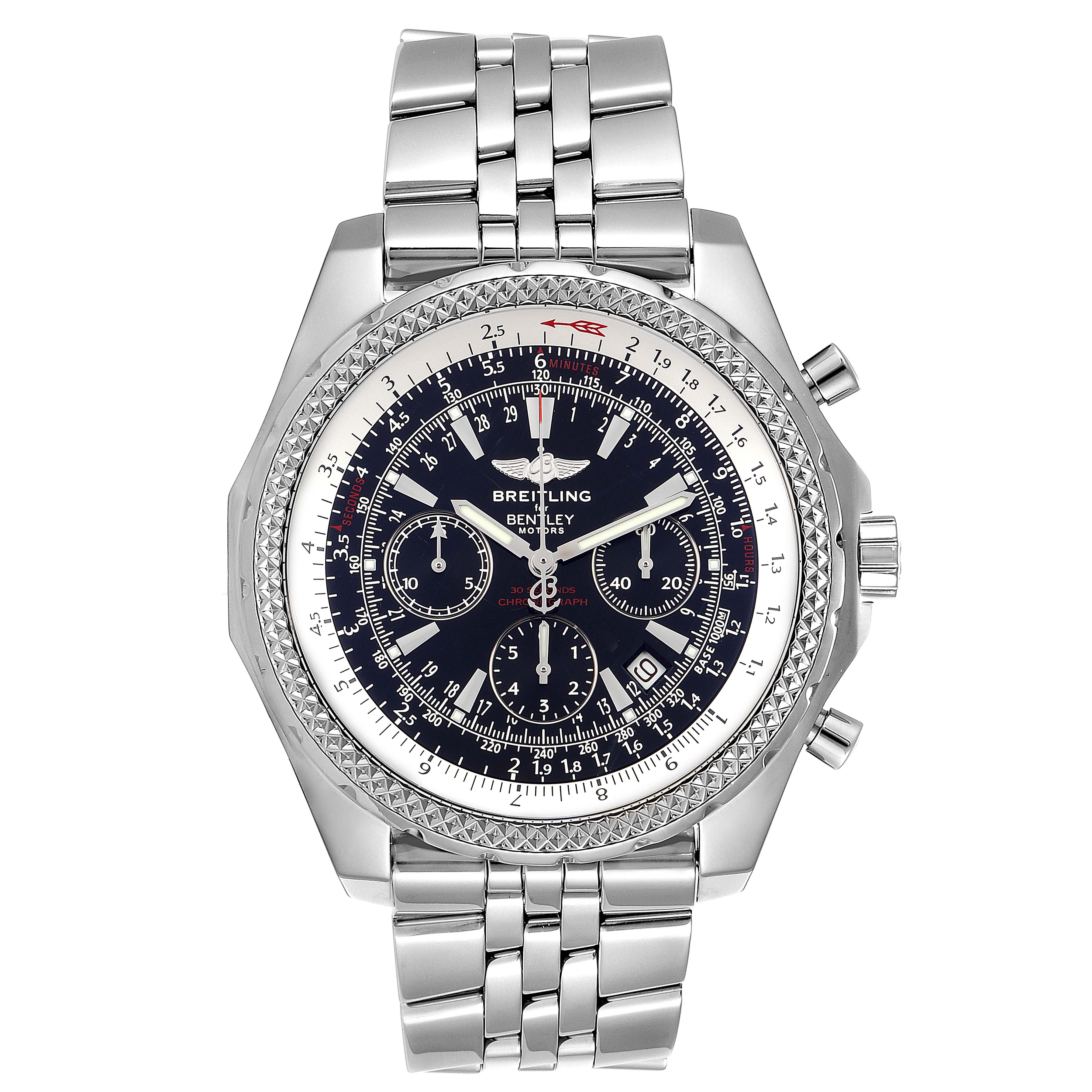 The image shows a front view of the Breitling Bentley A25362 Men's Stainless Steel Black Dial A25362 Men's Stainless Steel Black Dial watch, displaying its dial, bezel, and metal bracelet.