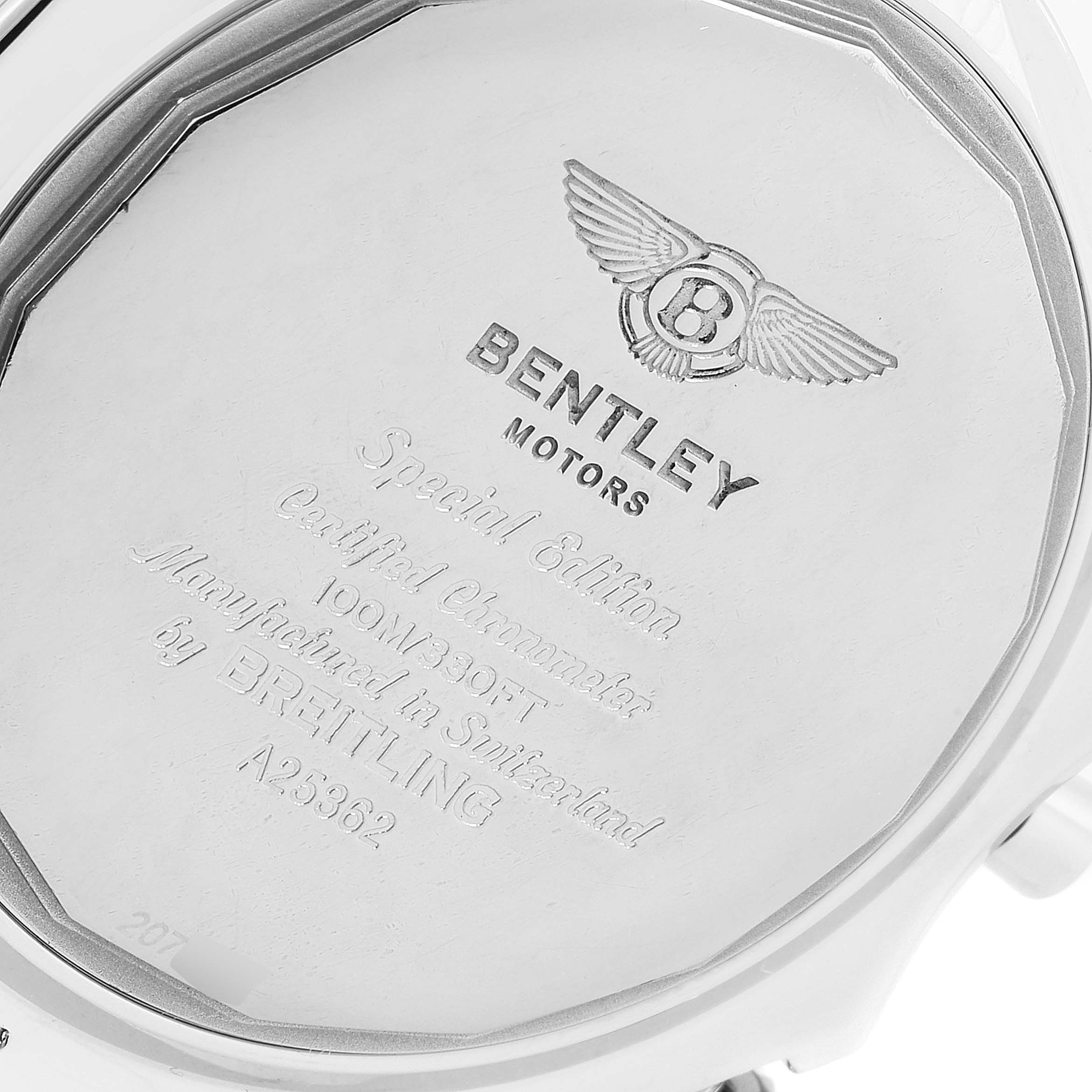 This image shows the back case of a Breitling Bentley A25362 Men's Stainless Steel Black Dial A25362 Men's Stainless Steel Black Dial model watch, highlighting its engravings and branding.