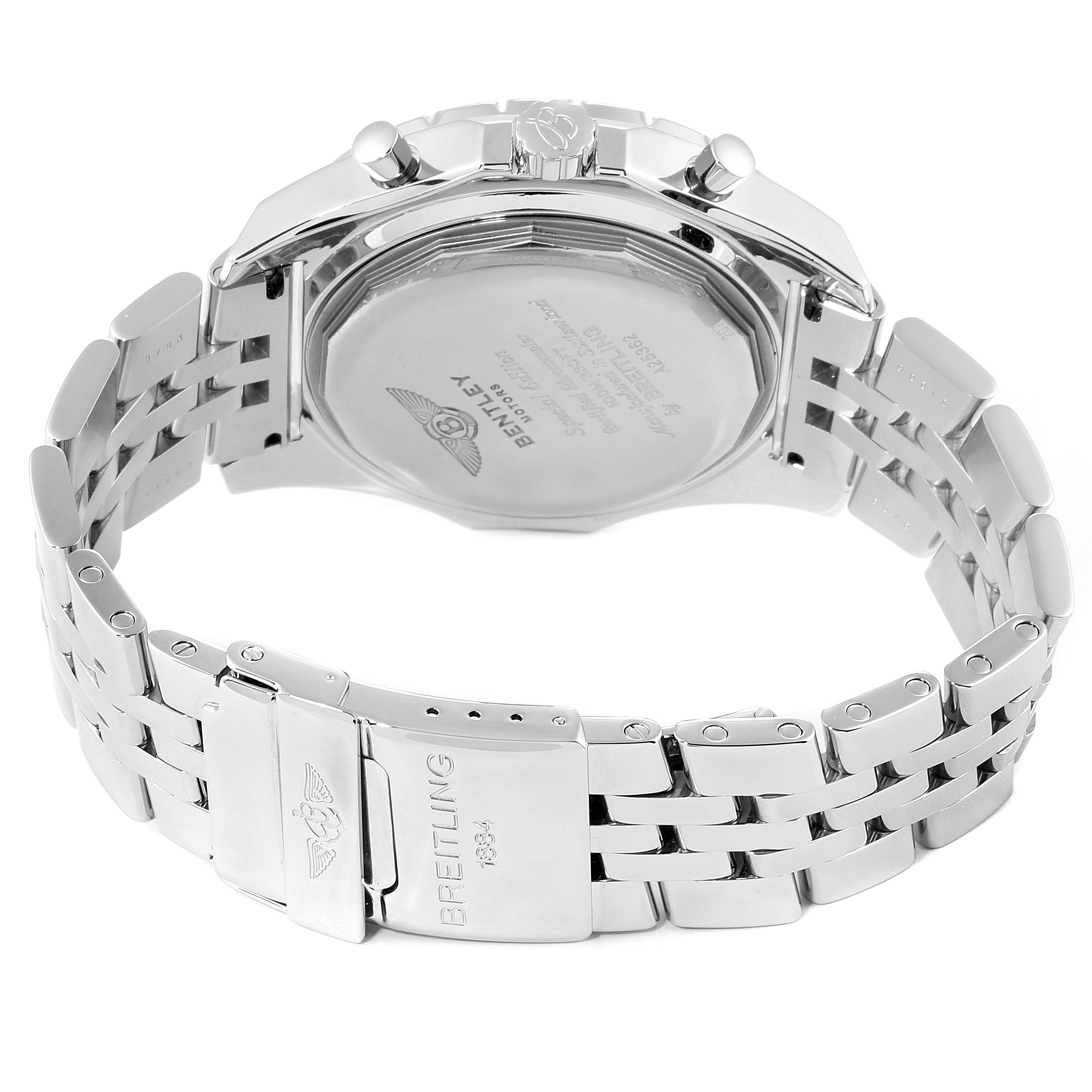 The image shows the back case, bracelet, and clasp of the Breitling Bentley A25362 Men's Stainless Steel Black Dial A25362 Men's Stainless Steel Black Dial watch viewed from the rear.