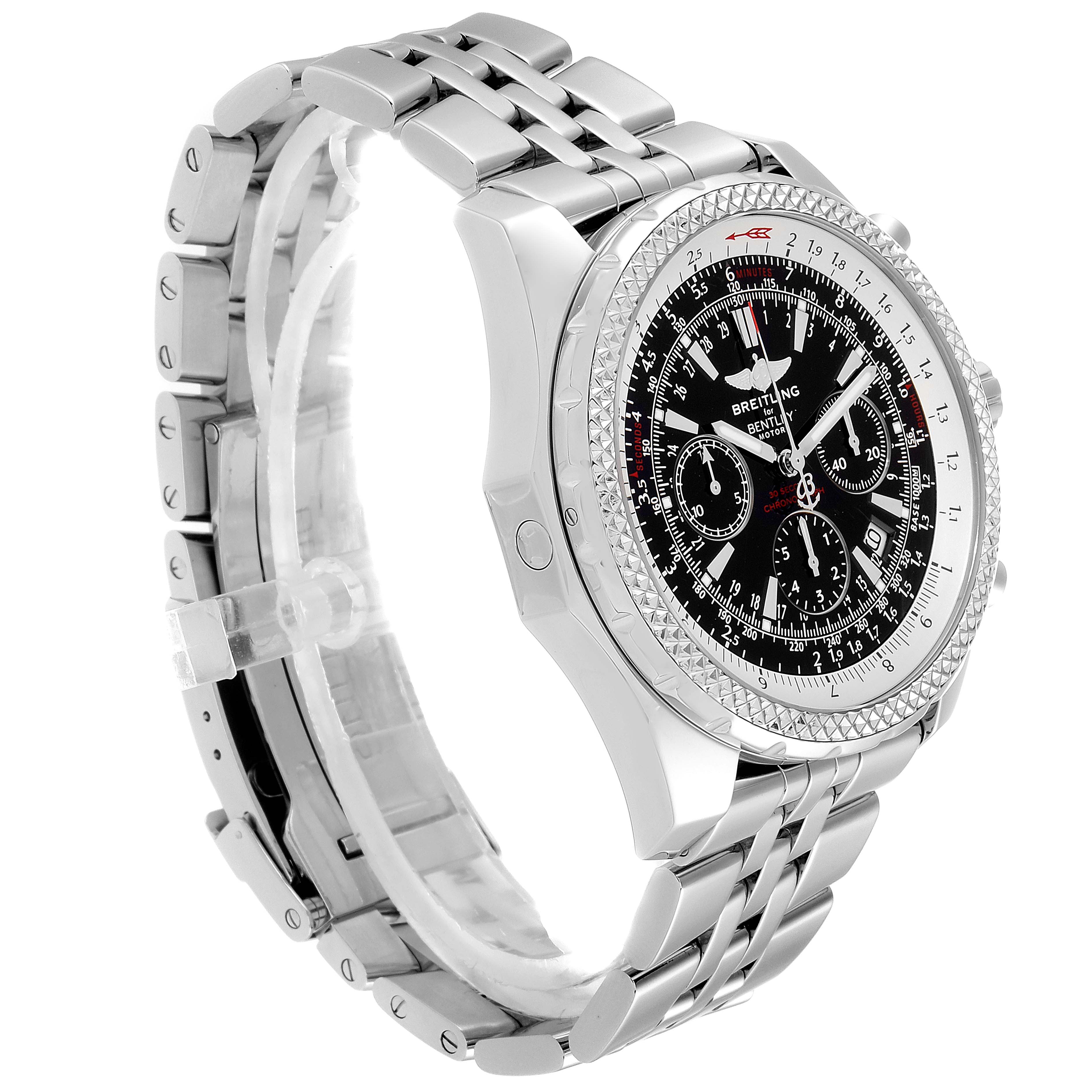 The image shows a side-angle view of a Breitling Bentley A25362 Men's Stainless Steel Black Dial A25362 Men's Stainless Steel Black Dial model, highlighting its stainless steel case, bracelet, and detailed dial.