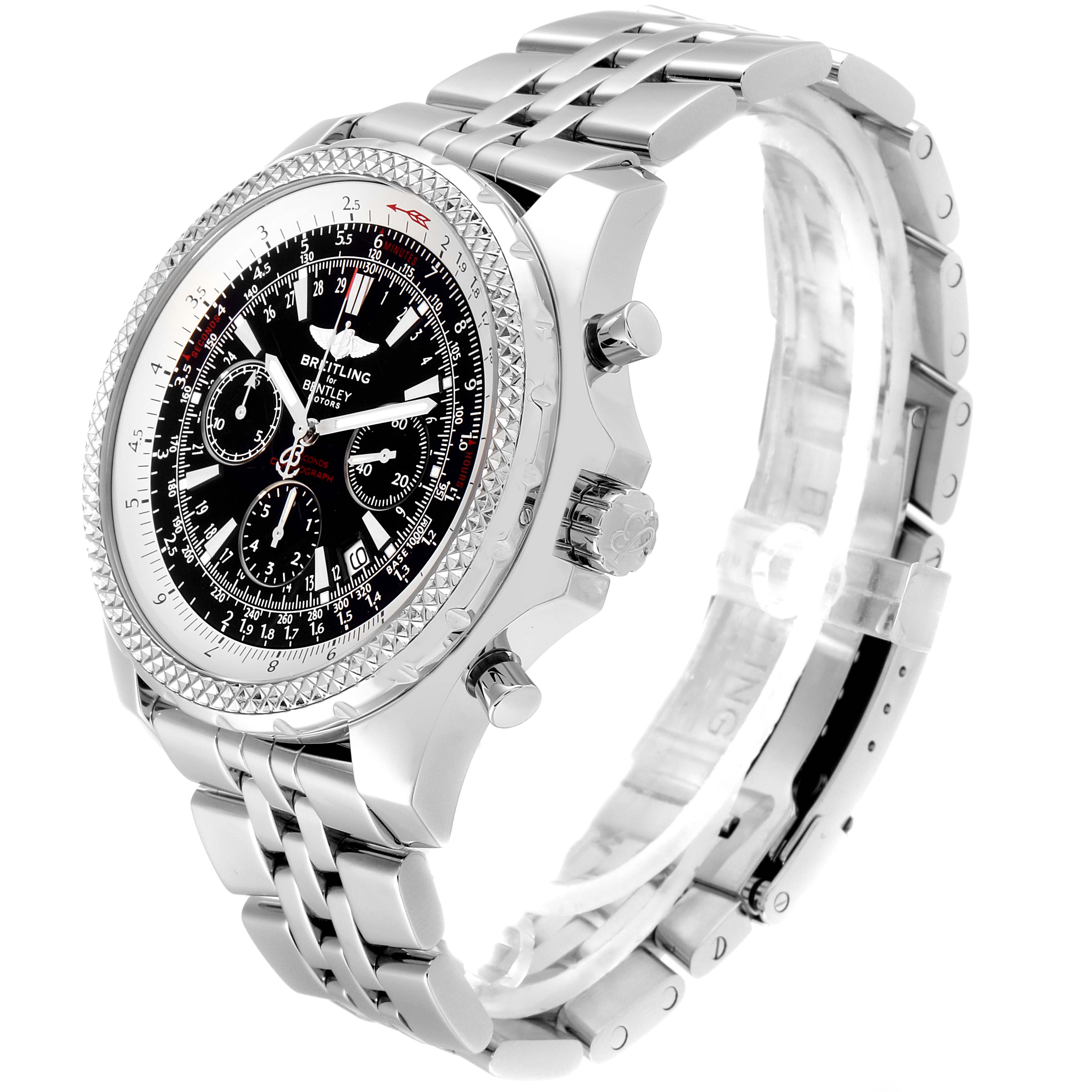 The Breitling Bentley A25362 Men's Stainless Steel Black Dial A25362 Men's Stainless Steel Black Dial watch is shown at a slight angle, displaying the face, bezel, crown, pushers, and part of the metal bracelet.