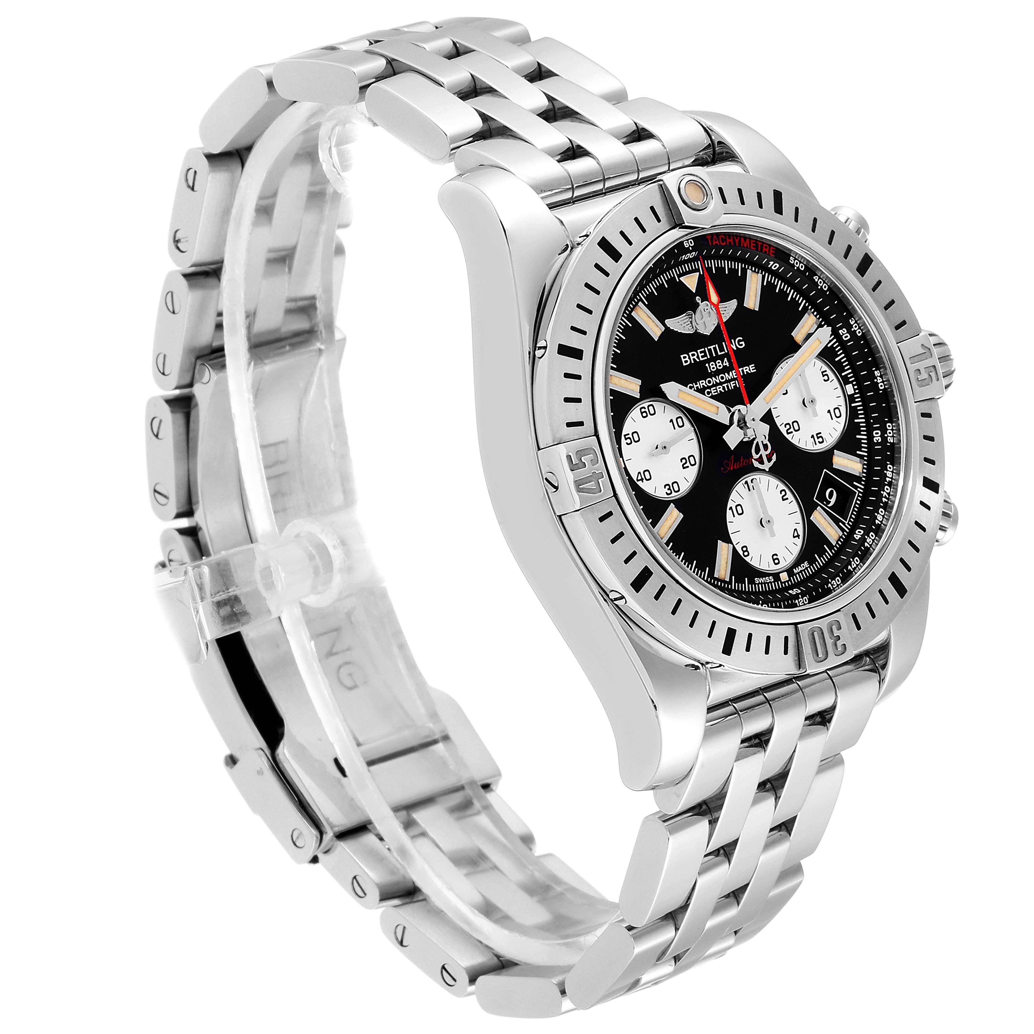 The image shows a side angle of a Breitling Chronomat AB0141 Men's Stainless Steel Black Dial AB0141 Men's Stainless Steel Black Dial watch, highlighting its stainless steel bracelet and detailed face with subdials.