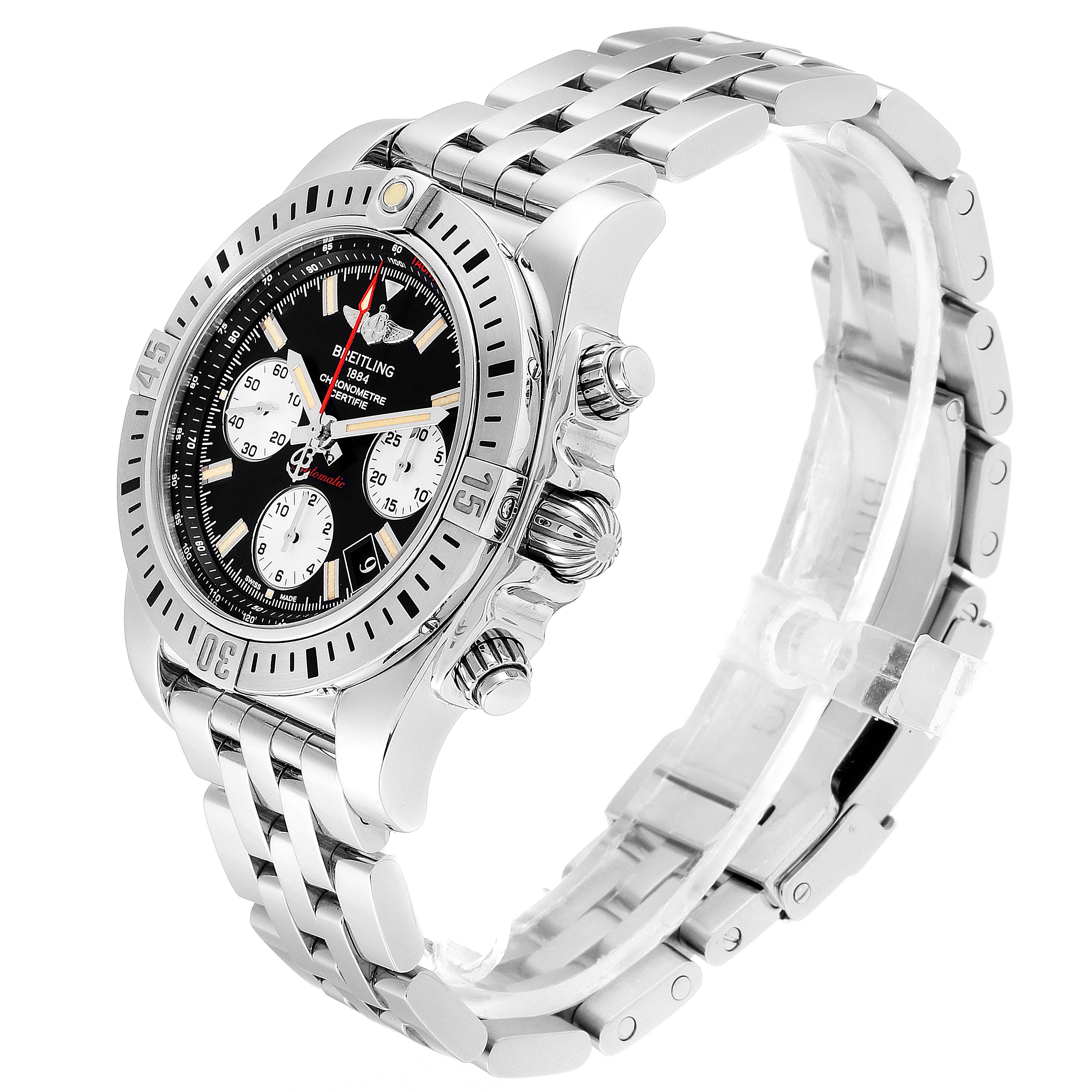 The Breitling Chronomat AB0141 Men's Stainless Steel Black Dial AB0141 Men's Stainless Steel Black Dial watch is shown at a three-quarter angle, highlighting the dial, bezel, crown, pushers, and band.