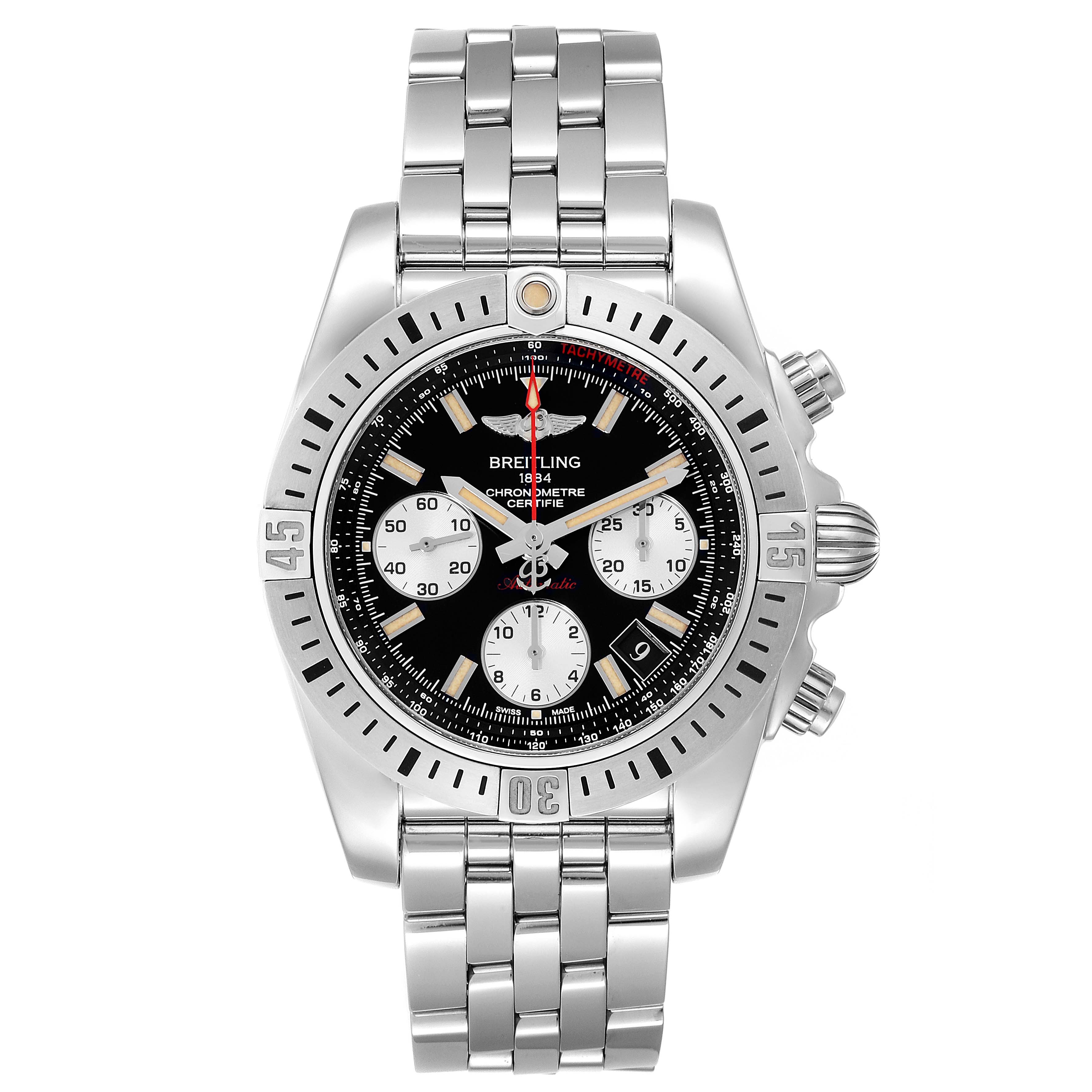 This image shows a front view of the Breitling Chronomat AB0141 Men's Stainless Steel Black Dial AB0141 Men's Stainless Steel Black Dial watch, displaying its dial, bezel, and bracelet.