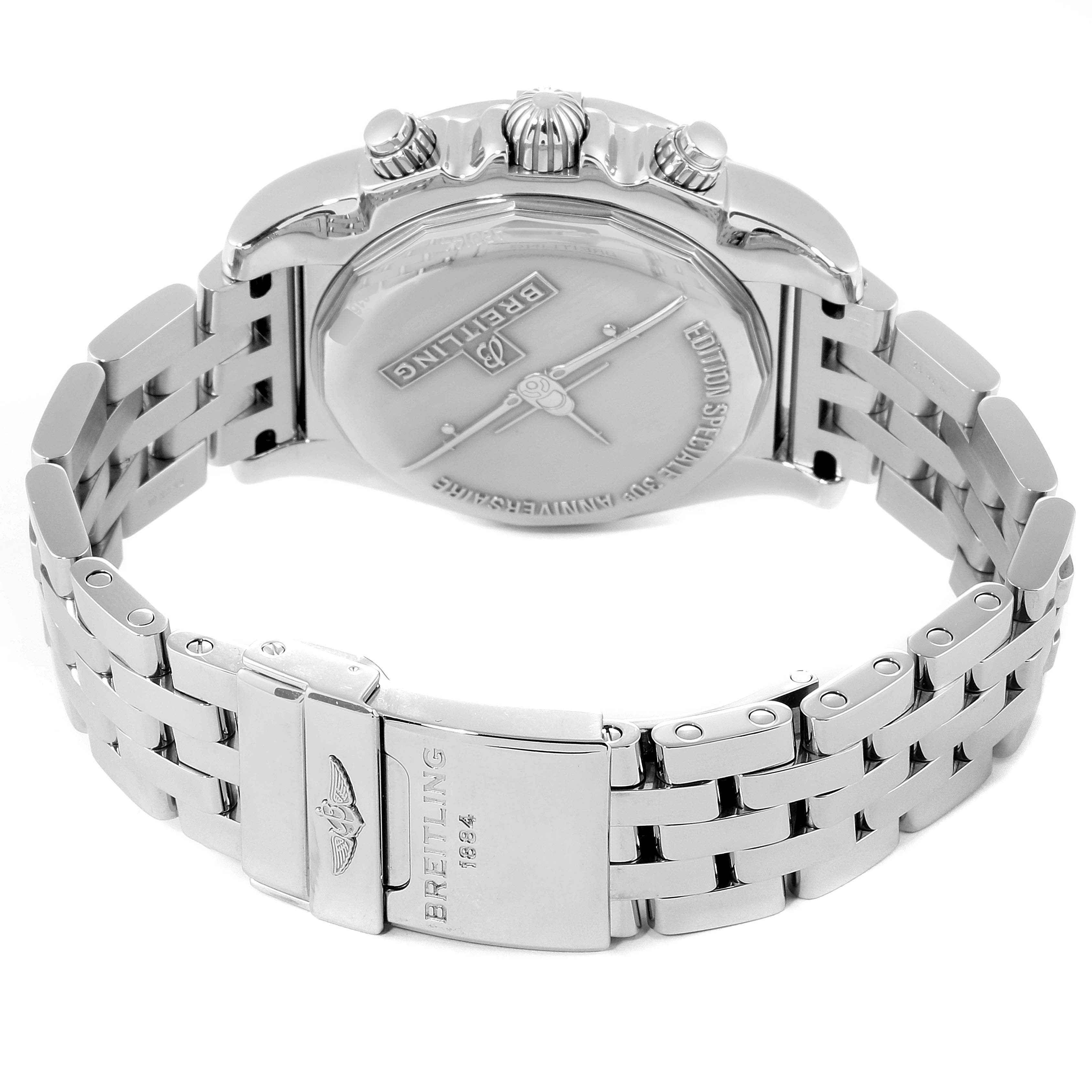 This image shows the rear view of the Breitling Chronomat AB0141 Men's Stainless Steel Black Dial AB0141 Men's Stainless Steel Black Dial watch, highlighting the clasp and case back.