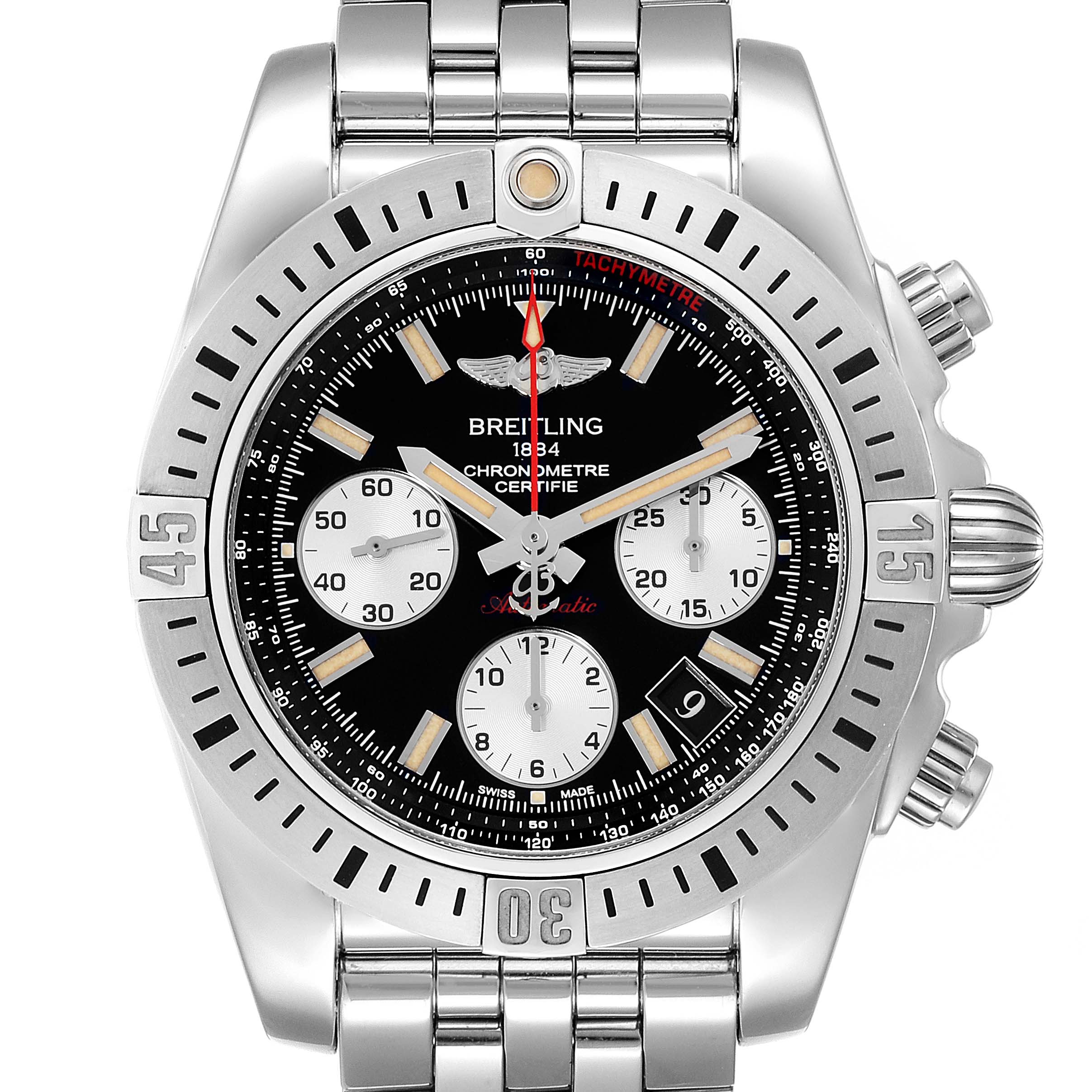 The image shows a Breitling Chronomat AB0141 Men's Stainless Steel Black Dial AB0141 Men's Stainless Steel Black Dial watch front view, highlighting its dial, subdials, bezel, and bracelet.
