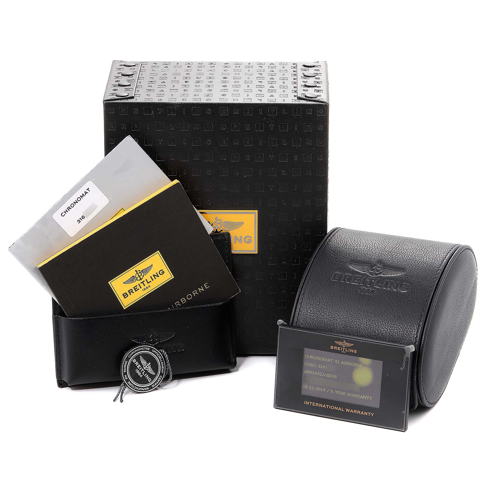 The image displays the packaging, manuals, warranty card, and case for the Breitling Chronomat AB0141 Men's Stainless Steel Black Dial AB0141 Men's Stainless Steel Black Dial model watch.