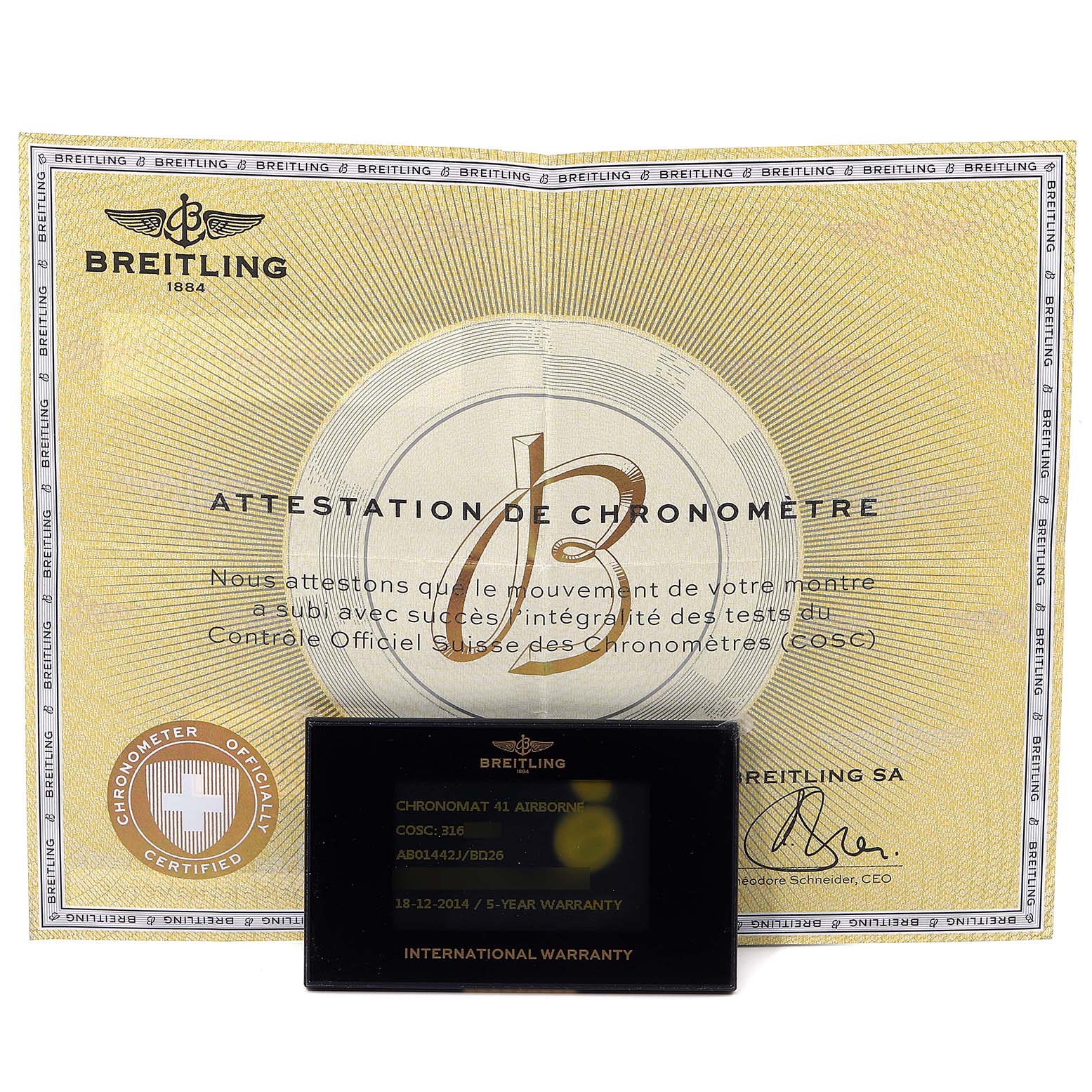 The image shows the Breitling Chronomat AB0141 Men's Stainless Steel Black Dial AB0141 Men's Stainless Steel Black Dial model's chronometer certification and international warranty card.