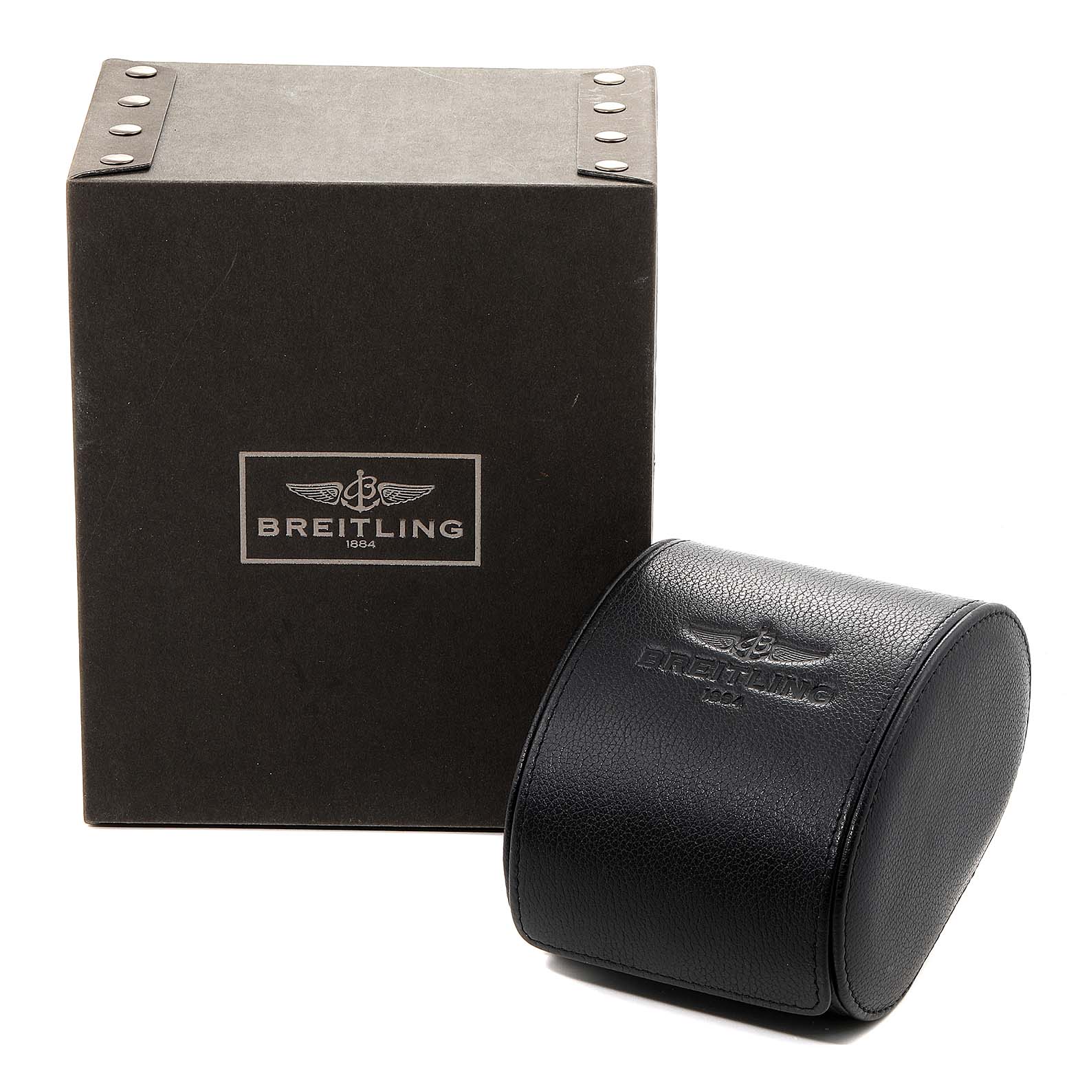 The image shows the packaging for a Breitling A37330 Women's Stainless Steel Mother of Pearl Dial A37330 Women's Stainless Steel Mother of Pearl Dial Galactic 36 Mother of Pearl Diamond Steel Ladies Watch A37330, including a box and a leather case.