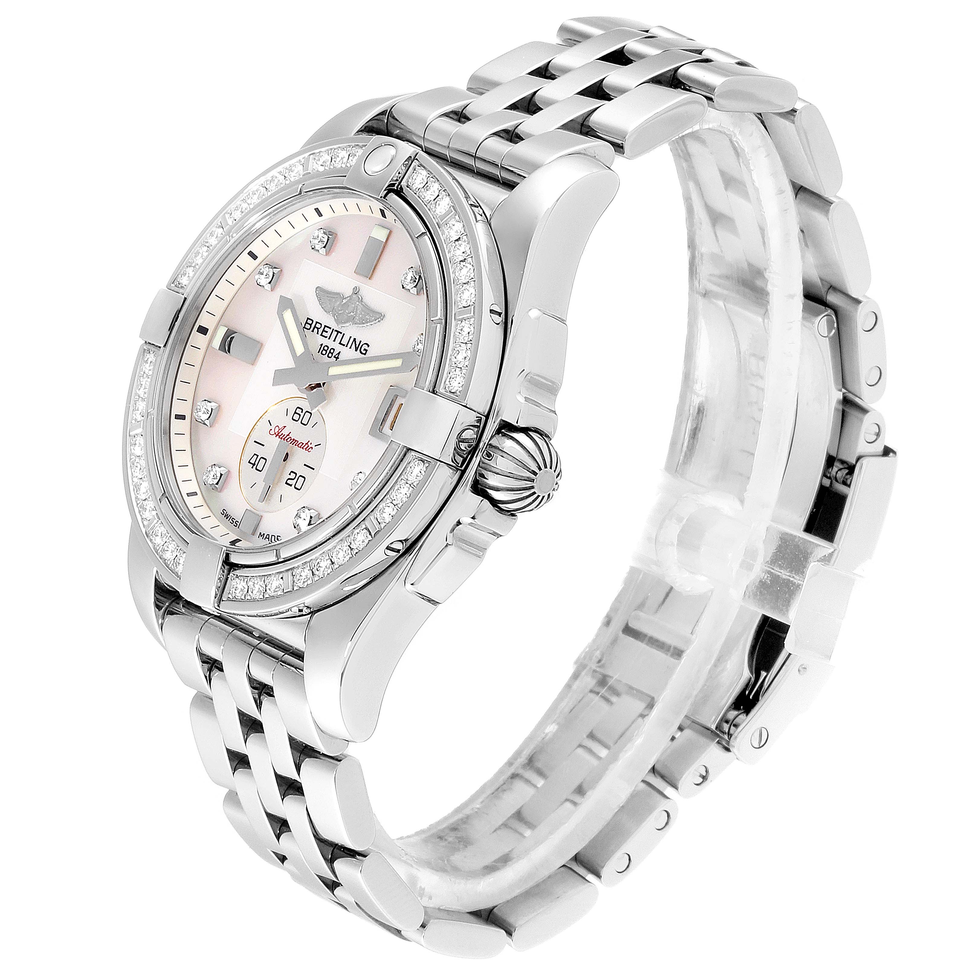 The image shows a Breitling A37330 Women's Stainless Steel Mother of Pearl Dial A37330 Women's Stainless Steel Mother of Pearl Dial Galactic 36 Mother of Pearl Diamond Steel Ladies Watch A37330 from a front-side angle.