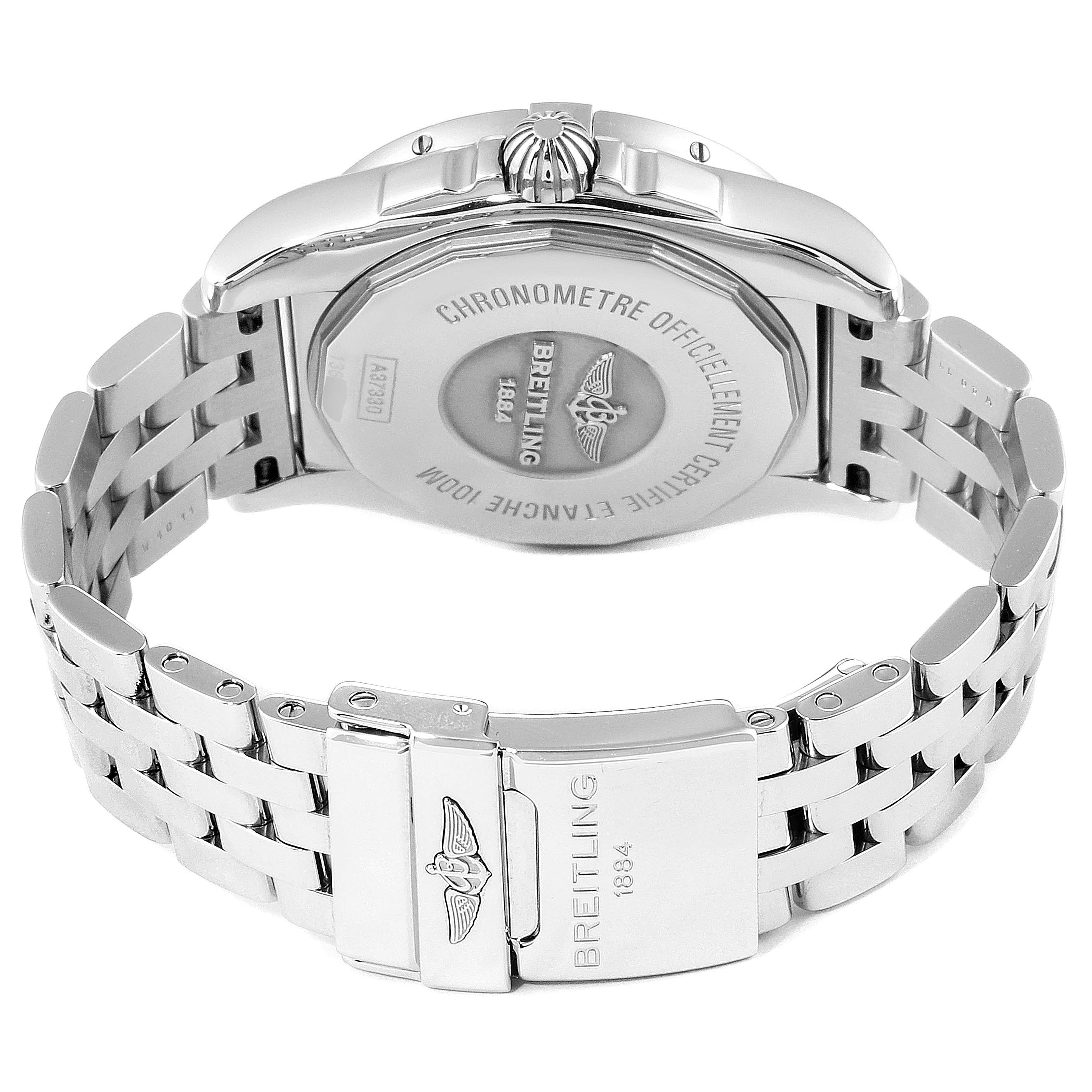 This image shows the back view of the Breitling A37330 Women's Stainless Steel Mother of Pearl Dial A37330 Women's Stainless Steel Mother of Pearl Dial Galactic 36 Mother of Pearl Diamond Steel Ladies Watch A37330, displaying the case back and bracelet clasp.
