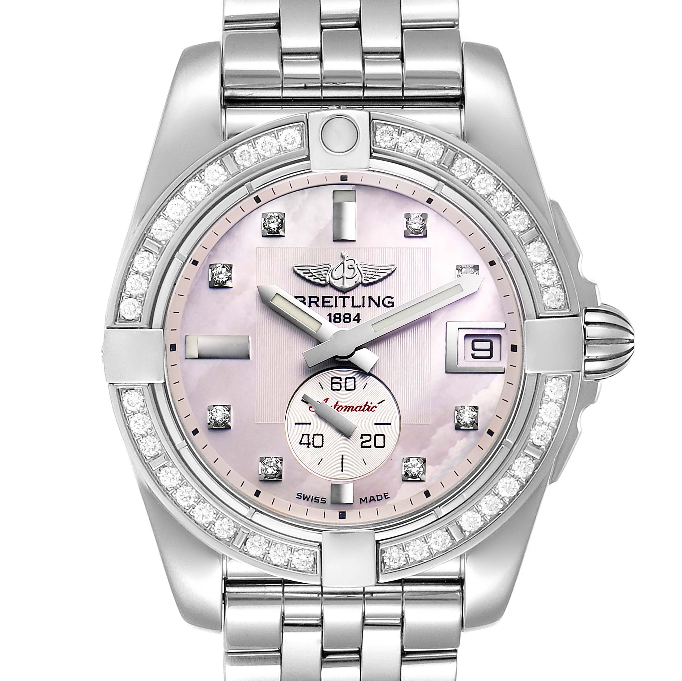 The image shows a front view of the Breitling A37330 Women's Stainless Steel Mother of Pearl Dial A37330 Women's Stainless Steel Mother of Pearl Dial Galactic 36 Mother of Pearl Diamond Steel Ladies Watch, model A37330.