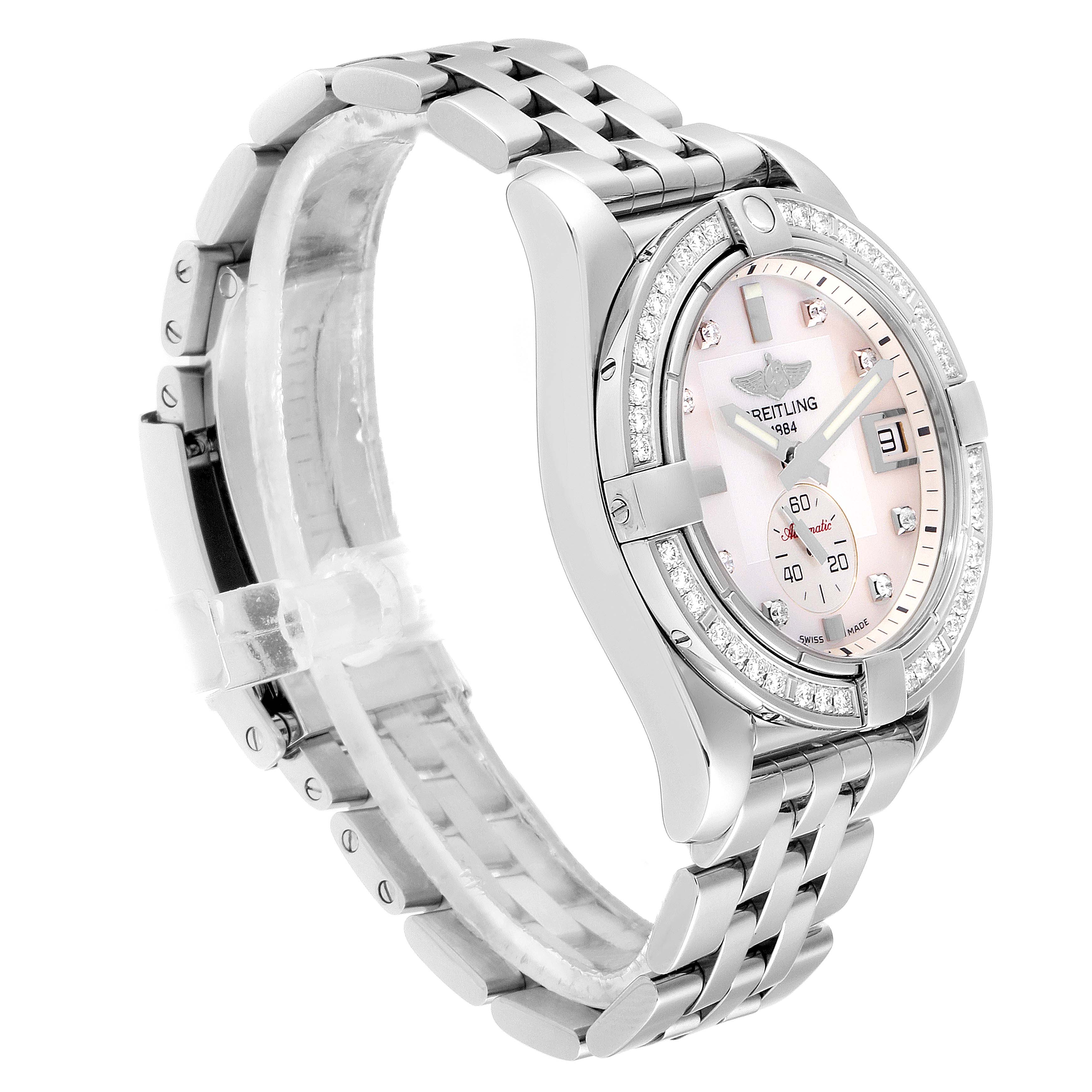 The Breitling A37330 Women's Stainless Steel Mother of Pearl Dial A37330 Women's Stainless Steel Mother of Pearl Dial Galactic 36 Mother of Pearl Diamond Steel Ladies Watch A37330 is shown at a side angle, showcasing the dial, bezel, and bracelet.