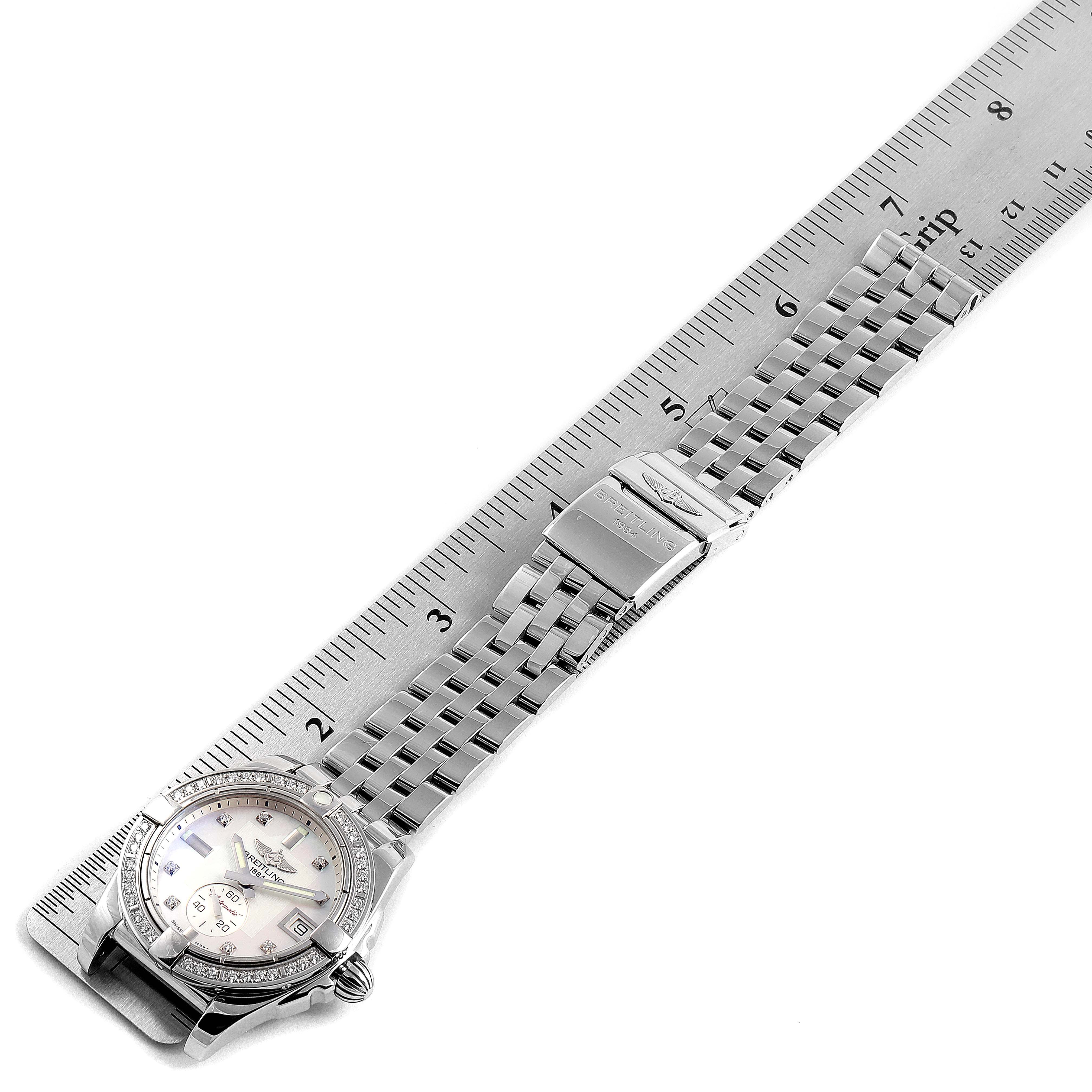 The Breitling A37330 Women's Stainless Steel Mother of Pearl Dial A37330 Women's Stainless Steel Mother of Pearl Dial Galactic 36 Mother of Pearl Diamond Steel Ladies Watch A37330 is shown from a top view, highlighting its face and bracelet.