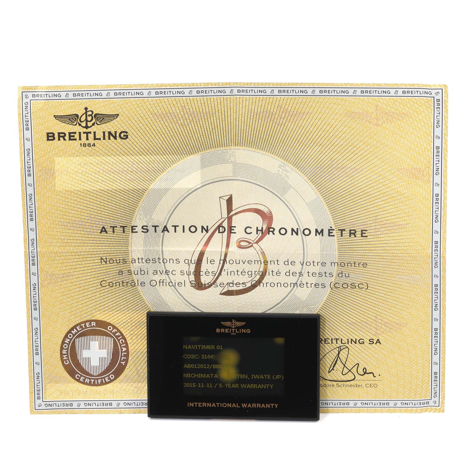 The image shows a Breitling Navitimer AB0120 Men's Stainless Steel Black Dial AB0120 Men's Stainless Steel Black Dial model's certification document along with an international warranty card.