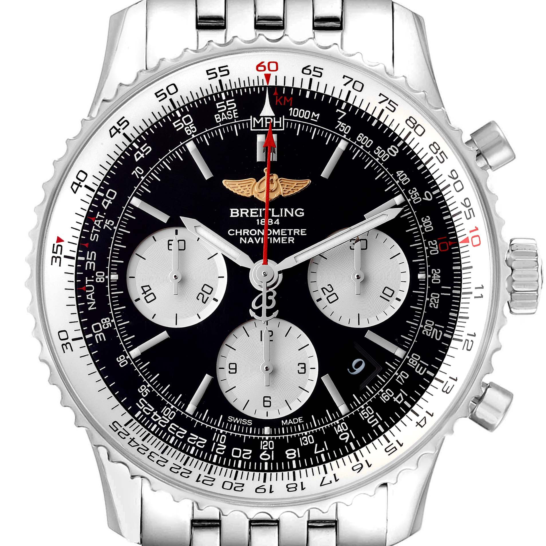 This Breitling Navitimer AB0120 Men's Stainless Steel Black Dial AB0120 Men's Stainless Steel Black Dial watch is shown from a front angle, displaying its bezel, dial, subdials, and stainless steel bracelet.