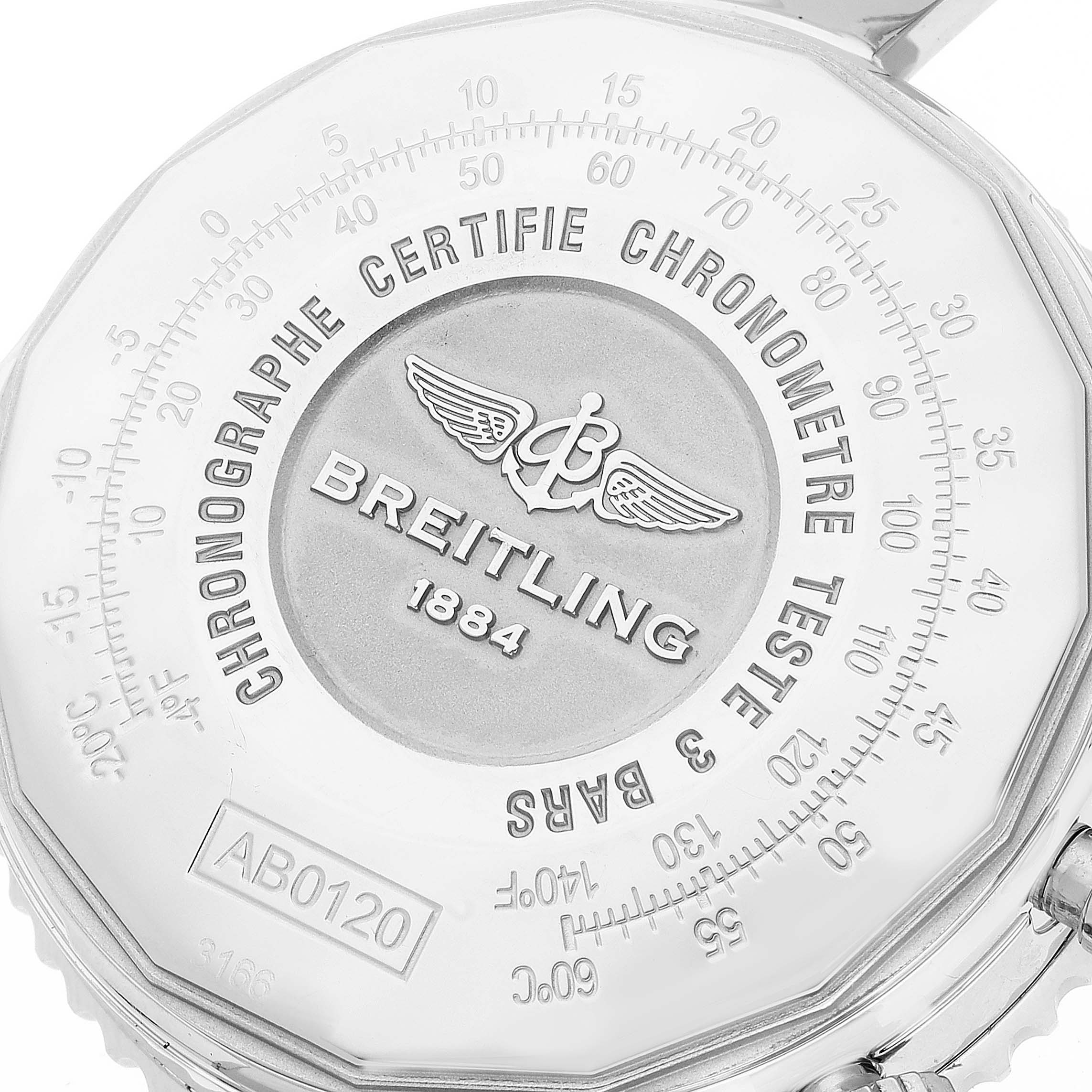 This image shows the back casing of a Breitling Navitimer AB0120 Men's Stainless Steel Black Dial AB0120 Men's Stainless Steel Black Dial watch with branding and certification details.