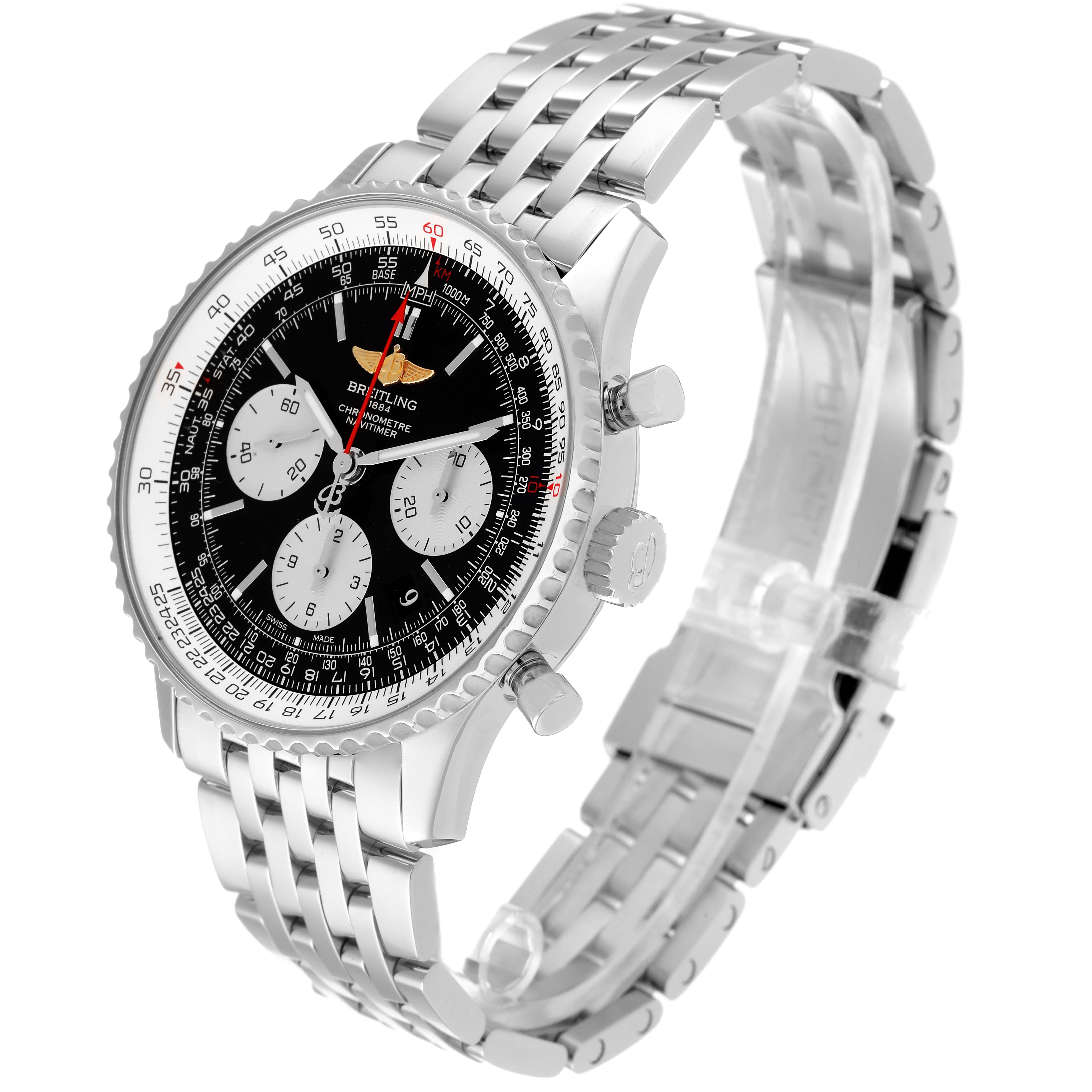 The image shows a Breitling Navitimer AB0120 Men's Stainless Steel Black Dial AB0120 Men's Stainless Steel Black Dial watch at a slight angle, highlighting its face, bezel, chronograph dials, and metal bracelet.