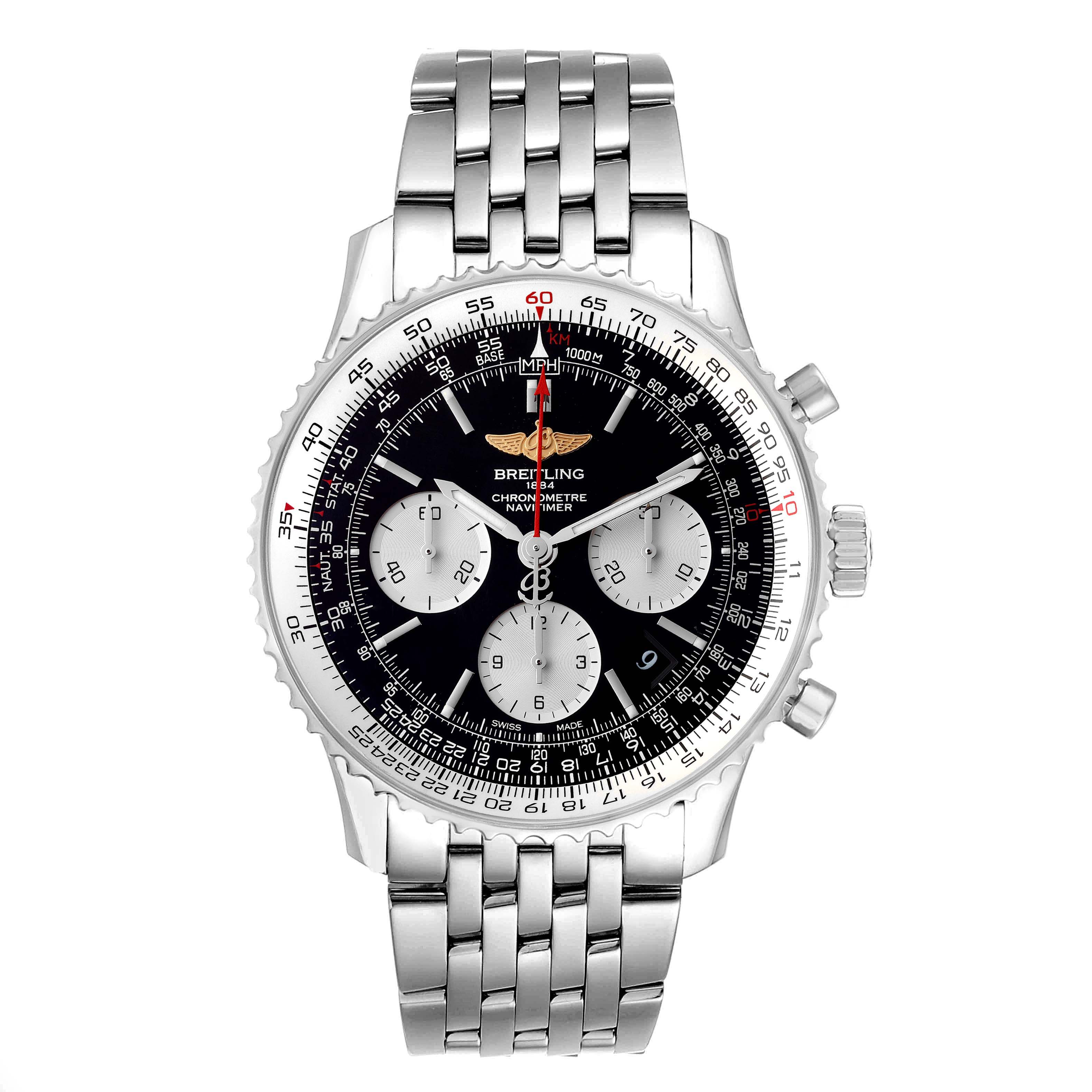 The image shows a Breitling Navitimer AB0120 Men's Stainless Steel Black Dial AB0120 Men's Stainless Steel Black Dial watch from the front, highlighting its dial, bezel, and stainless steel bracelet.