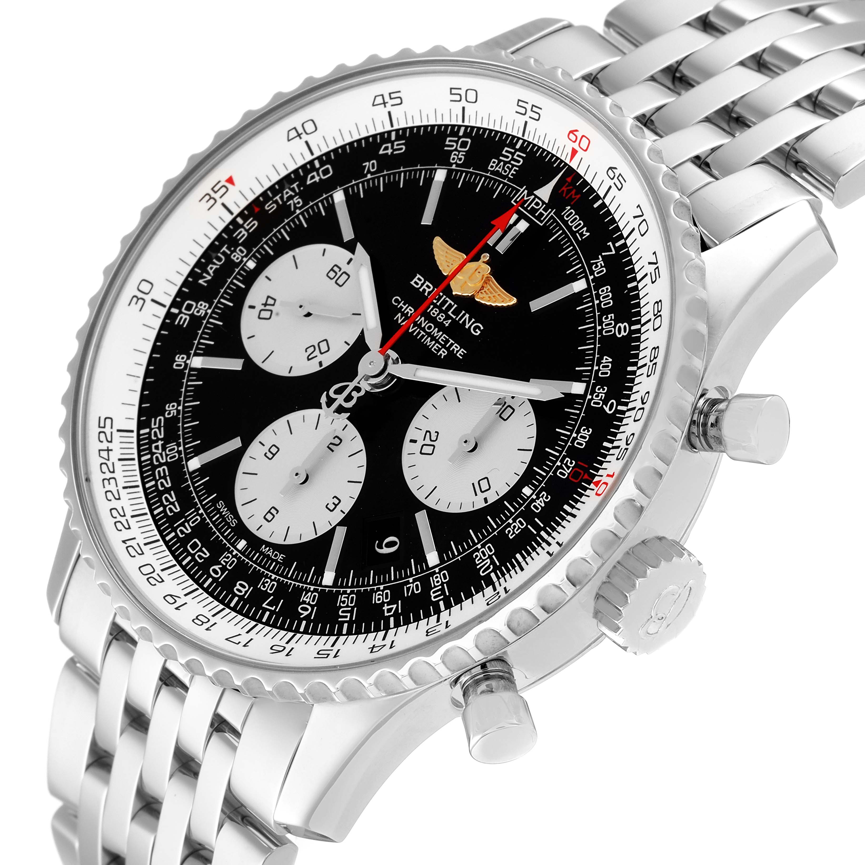 The Breitling Navitimer AB0120 Men's Stainless Steel Black Dial AB0120 Men's Stainless Steel Black Dial watch is shown at an angle focusing on the dial, bezel, crown, pushers, and part of the metal bracelet.