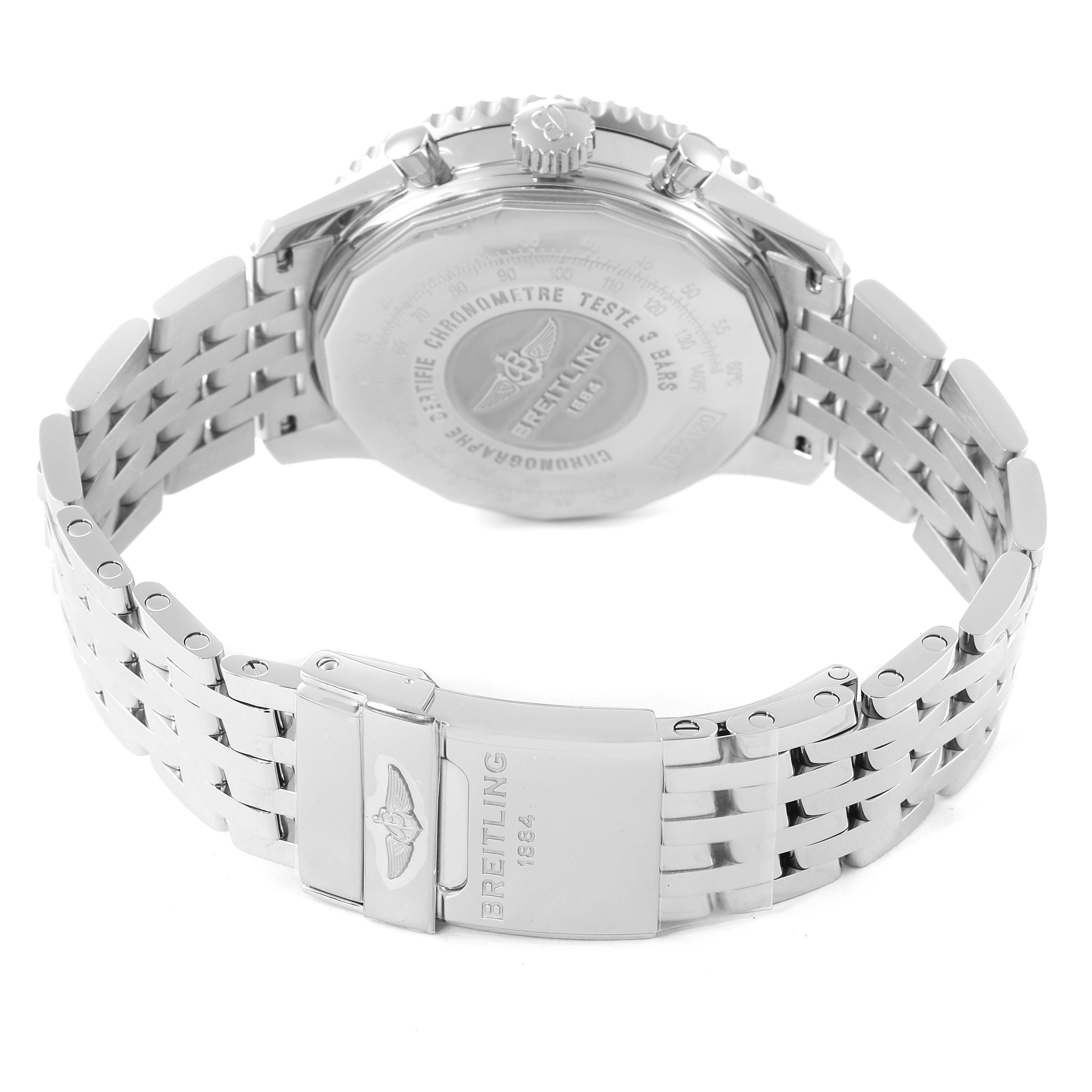 The image shows the back case and bracelet of the Breitling Navitimer AB0120 Men's Stainless Steel Black Dial AB0120 Men's Stainless Steel Black Dial watch at an angle emphasizing the clasp and emblem engraving.