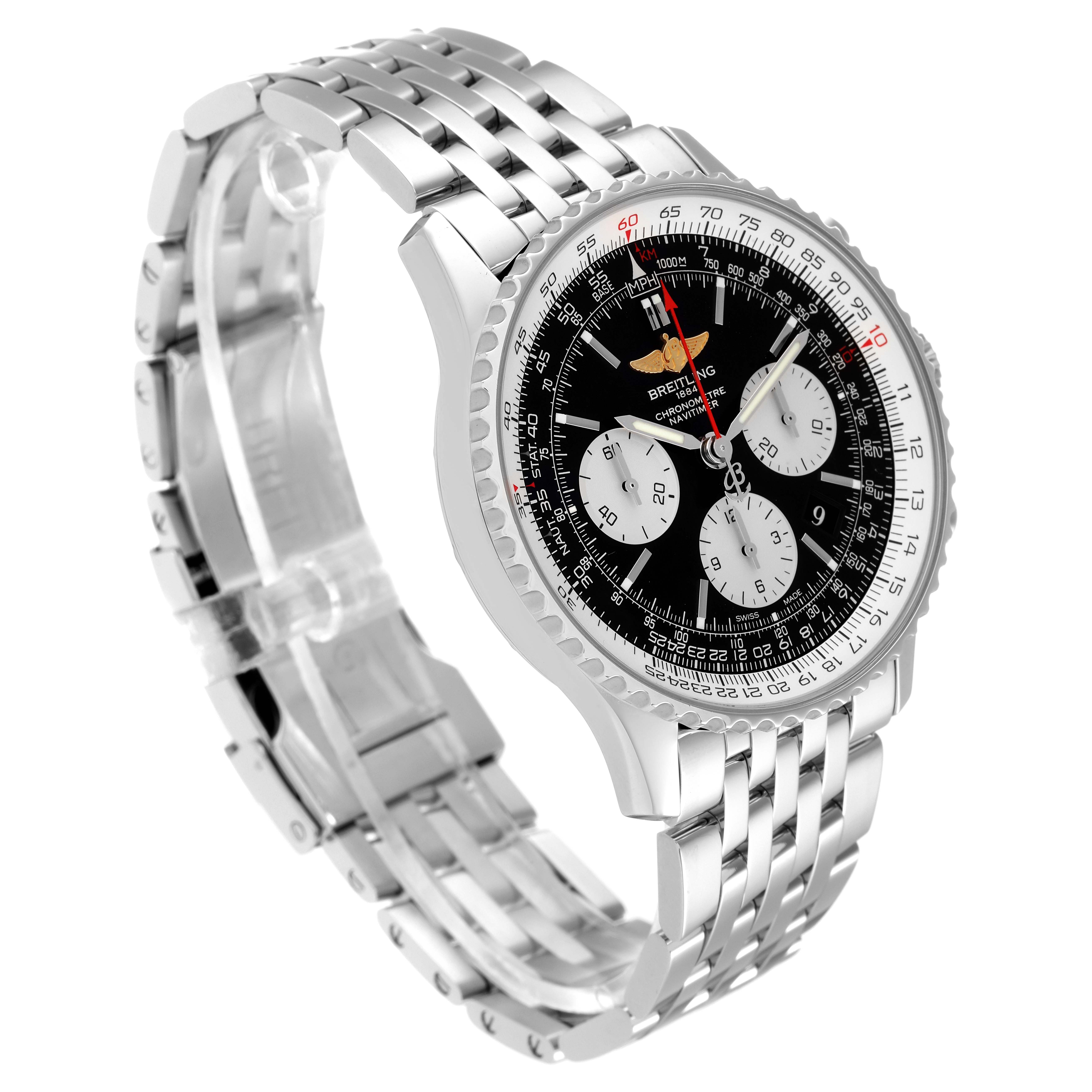 The Breitling Navitimer AB0120 Men's Stainless Steel Black Dial AB0120 Men's Stainless Steel Black Dial watch is shown at an angle that displays the dial, bezel, and metal bracelet.