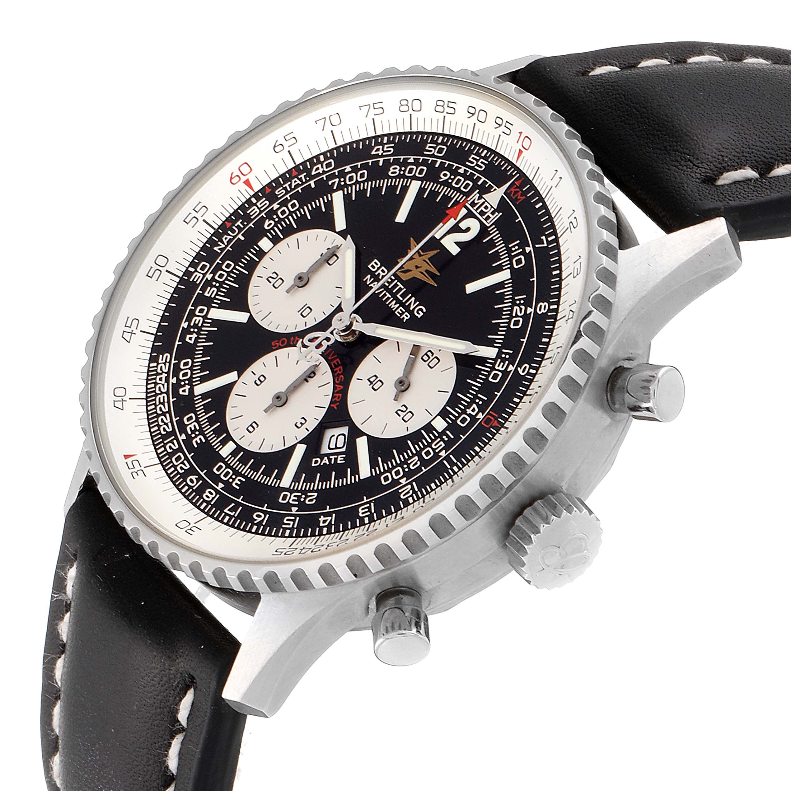 This image shows a close-up side angle of a Breitling Navitimer A41322 Men's Stainless Steel Black Dial A41322 Men's Stainless Steel Black Dial watch, highlighting its bezel, dial, crown, pushers, and leather strap.