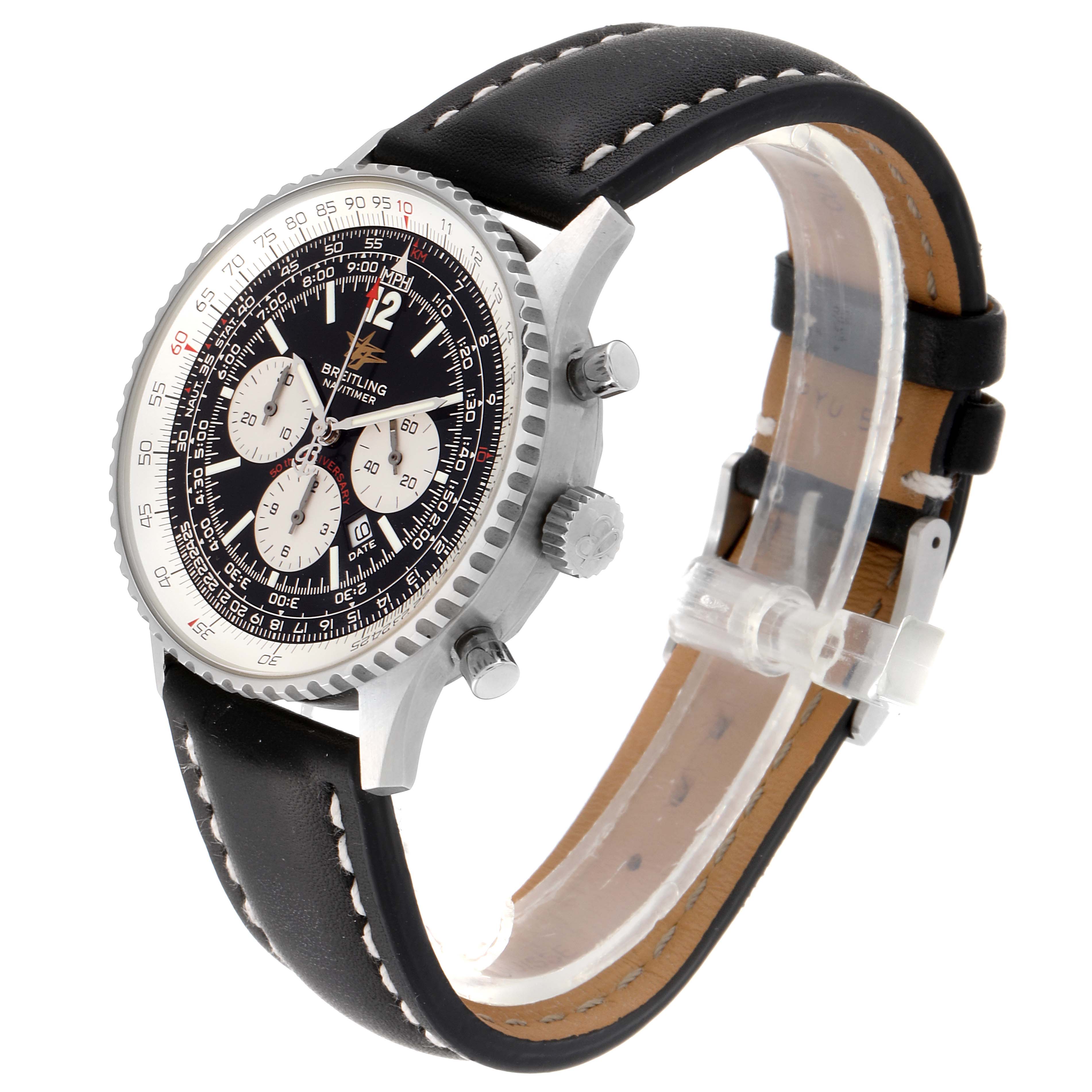 The Breitling Navitimer A41322 Men's Stainless Steel Black Dial A41322 Men's Stainless Steel Black Dial watch is shown in a three-quarter angle, displaying its black dial, bezel, pushers, crown, and leather strap.