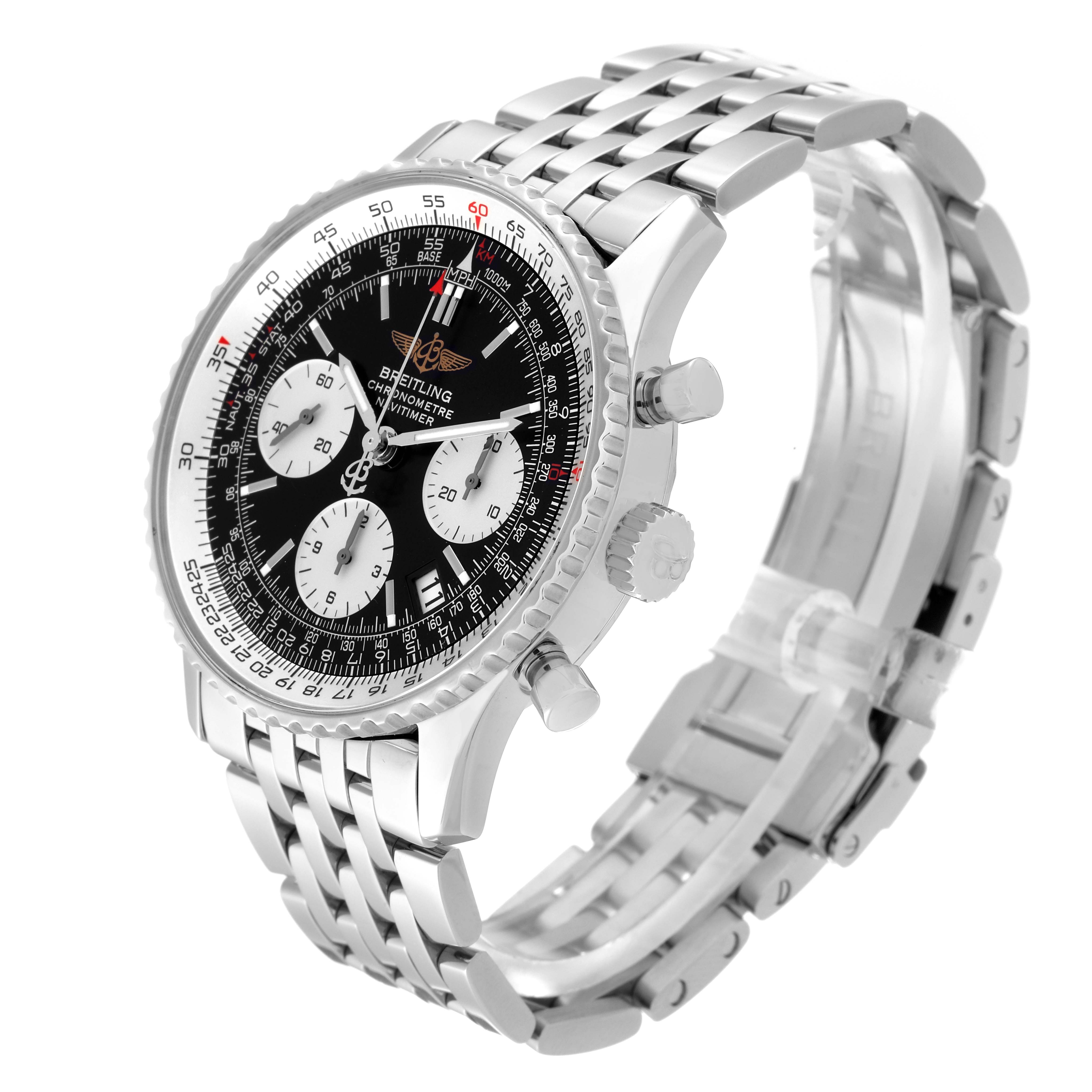 The Breitling Navitimer A23322 Men
s Stainless Steel Black Dial A23322 Men
s Stainless Steel Black Dial watch is shown at a three-quarter angle, showcasing its dial, bezel, chronograph pushers, crown, and stainless steel bracelet.