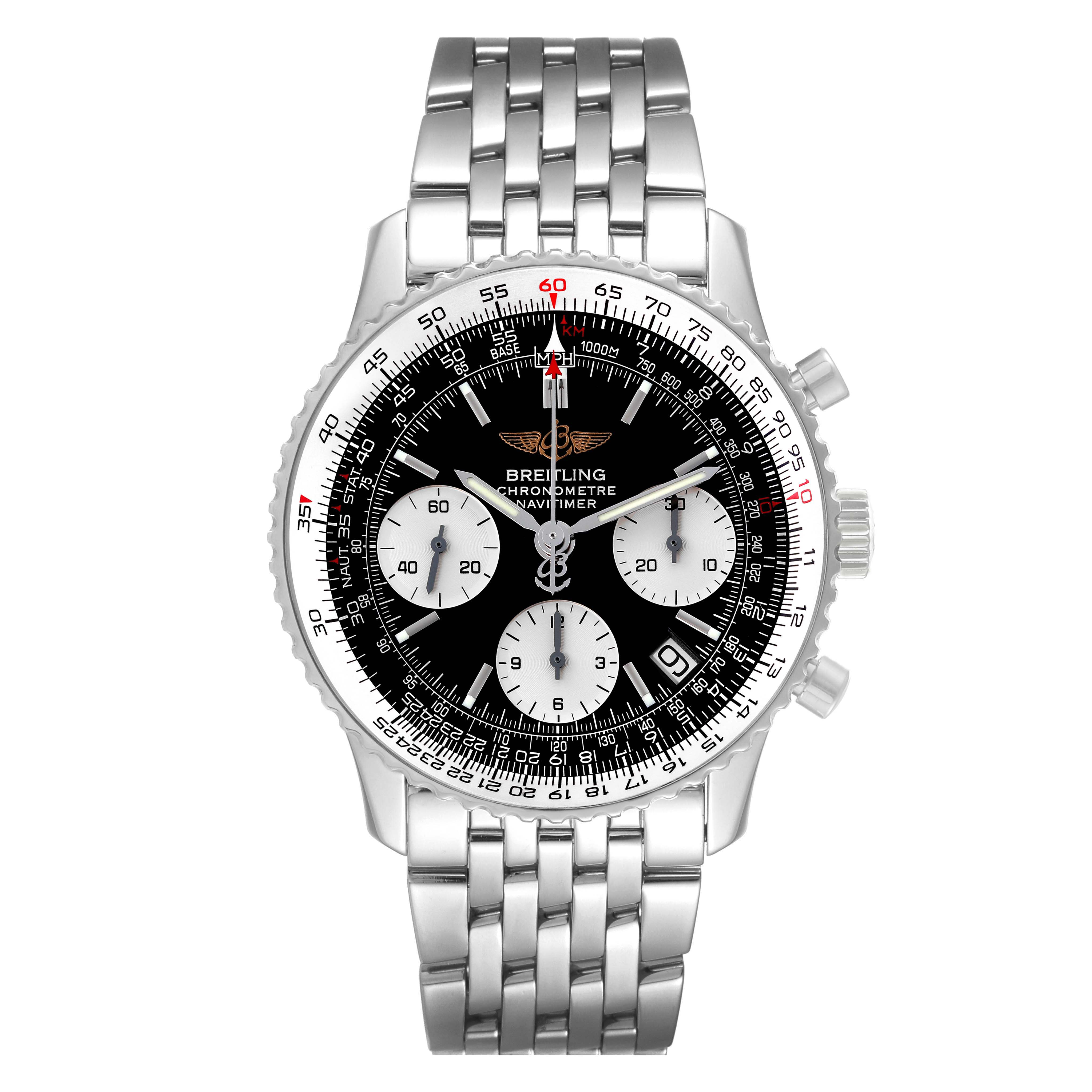 This is a straight-on view of a Breitling Navitimer A23322 Men
s Stainless Steel Black Dial A23322 Men
s Stainless Steel Black Dial watch showing the dial, subdials, bezel, crown, and stainless steel bracelet.