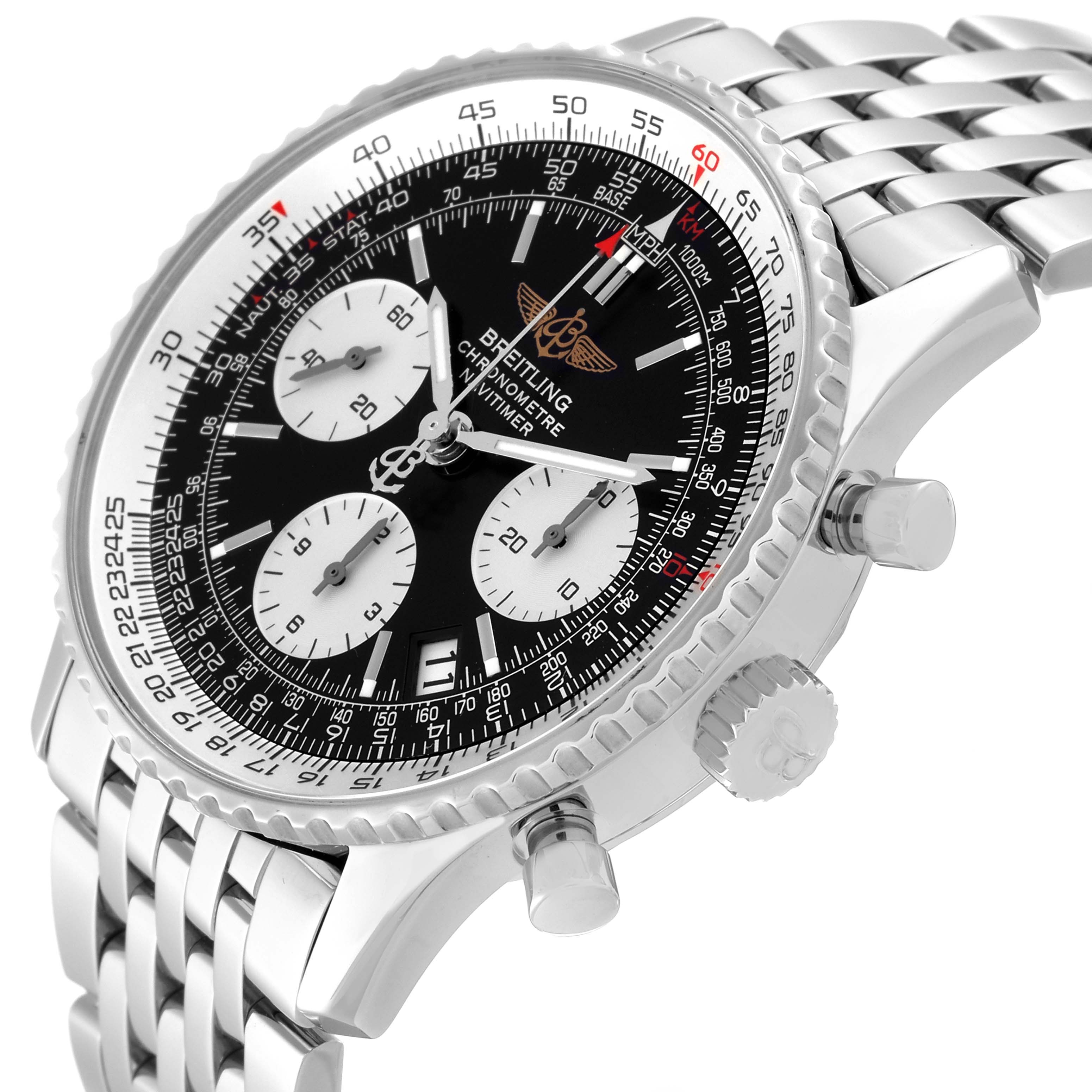 The image shows a side-angle view of the Breitling Navitimer A23322 Men
s Stainless Steel Black Dial A23322 Men
s Stainless Steel Black Dial watch, highlighting its dial, bezel, crown, chronograph pushers, and bracelet.