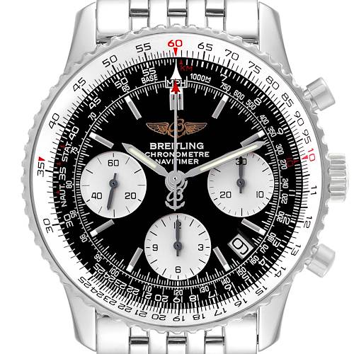 The image shows a frontal view of a Breitling Navitimer watch, highlighting the dial, chronograph sub-dials, bezel, and bracelet.