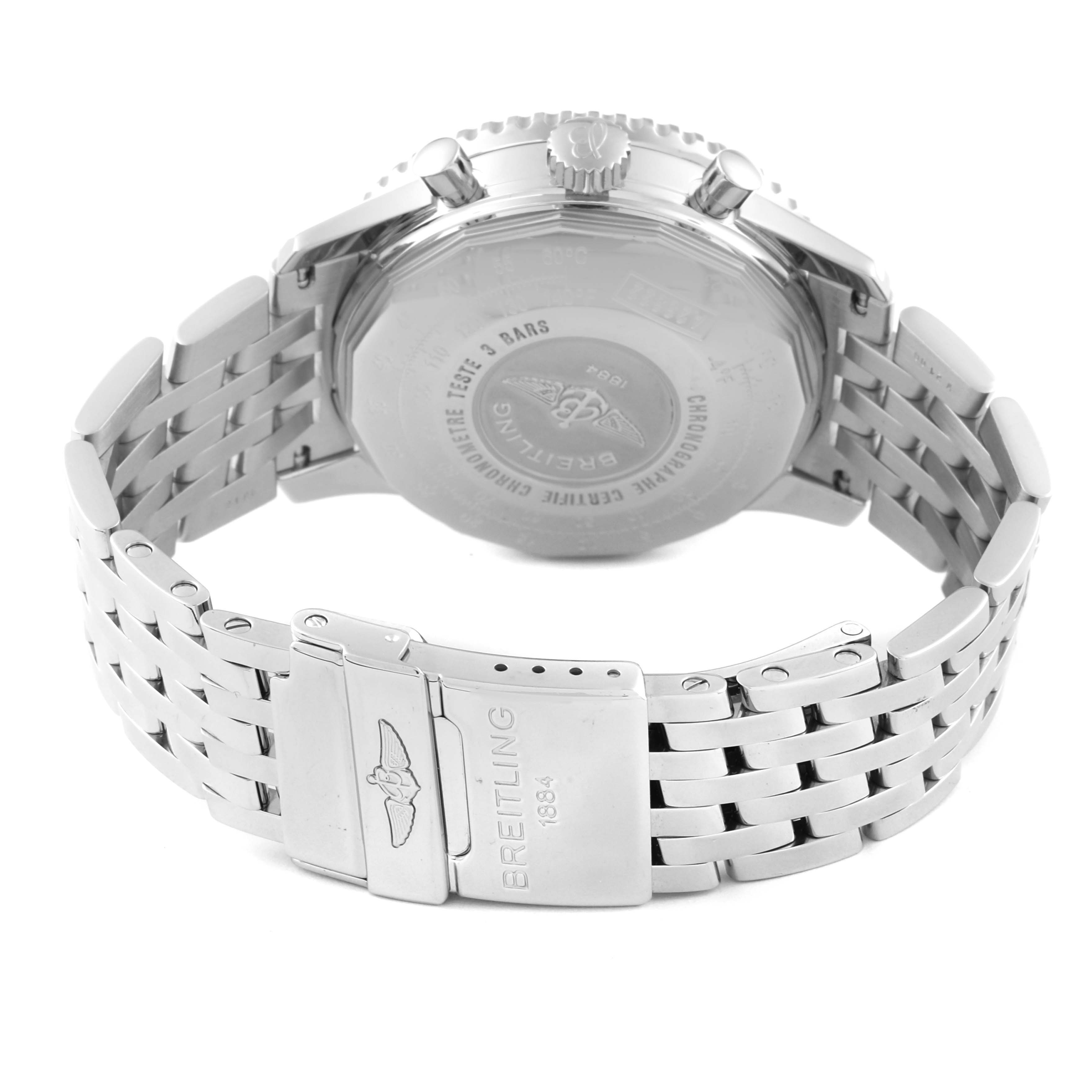 The image shows the back view of a Breitling Navitimer A23322 Men
s Stainless Steel Black Dial A23322 Men
s Stainless Steel Black Dial watch, highlighting the clasp, bracelet, and case back.