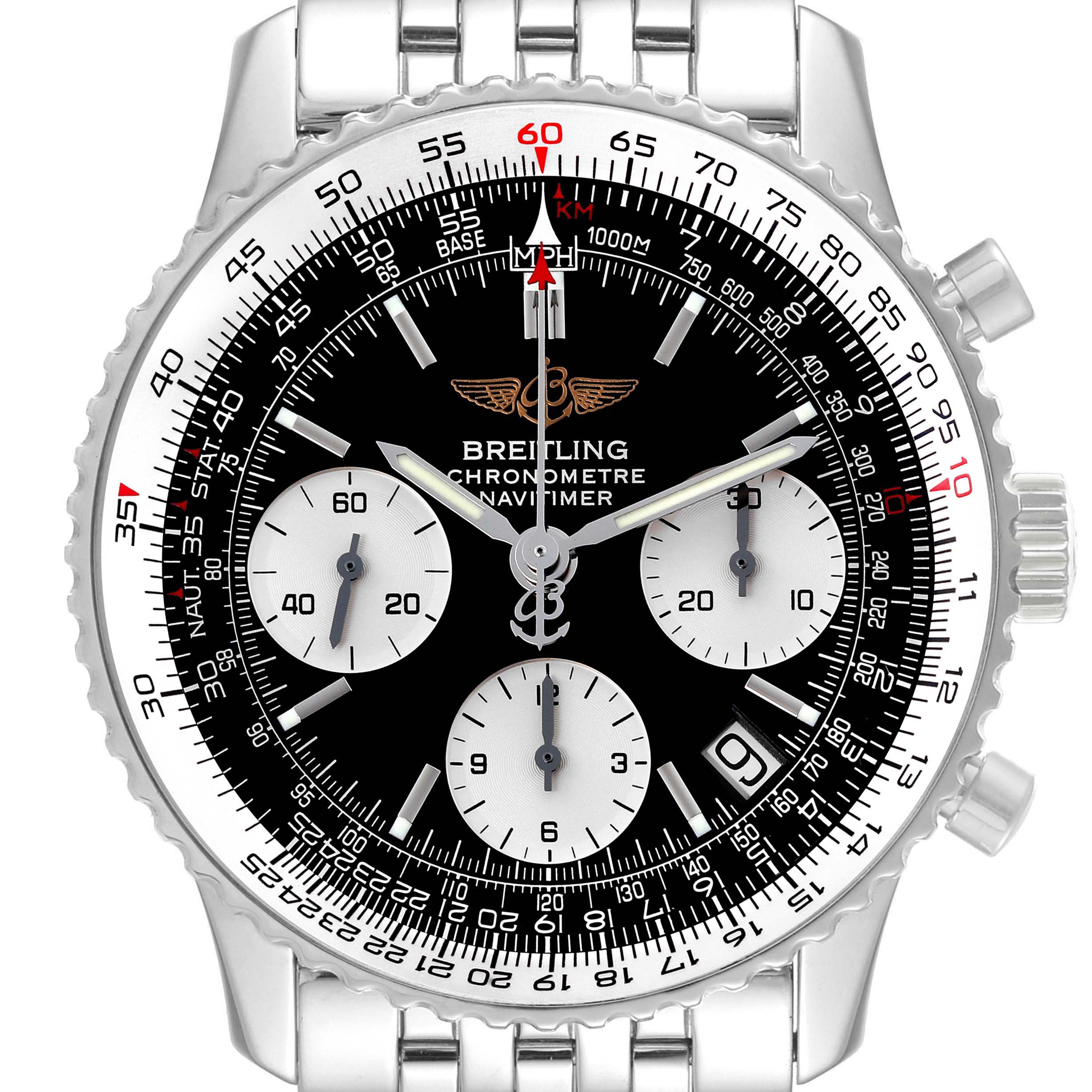 The image shows a front view of the Breitling Navitimer A23322 Men
s Stainless Steel Black Dial A23322 Men
s Stainless Steel Black Dial watch, highlighting the dial, subdials, bezel, and part of the bracelet.