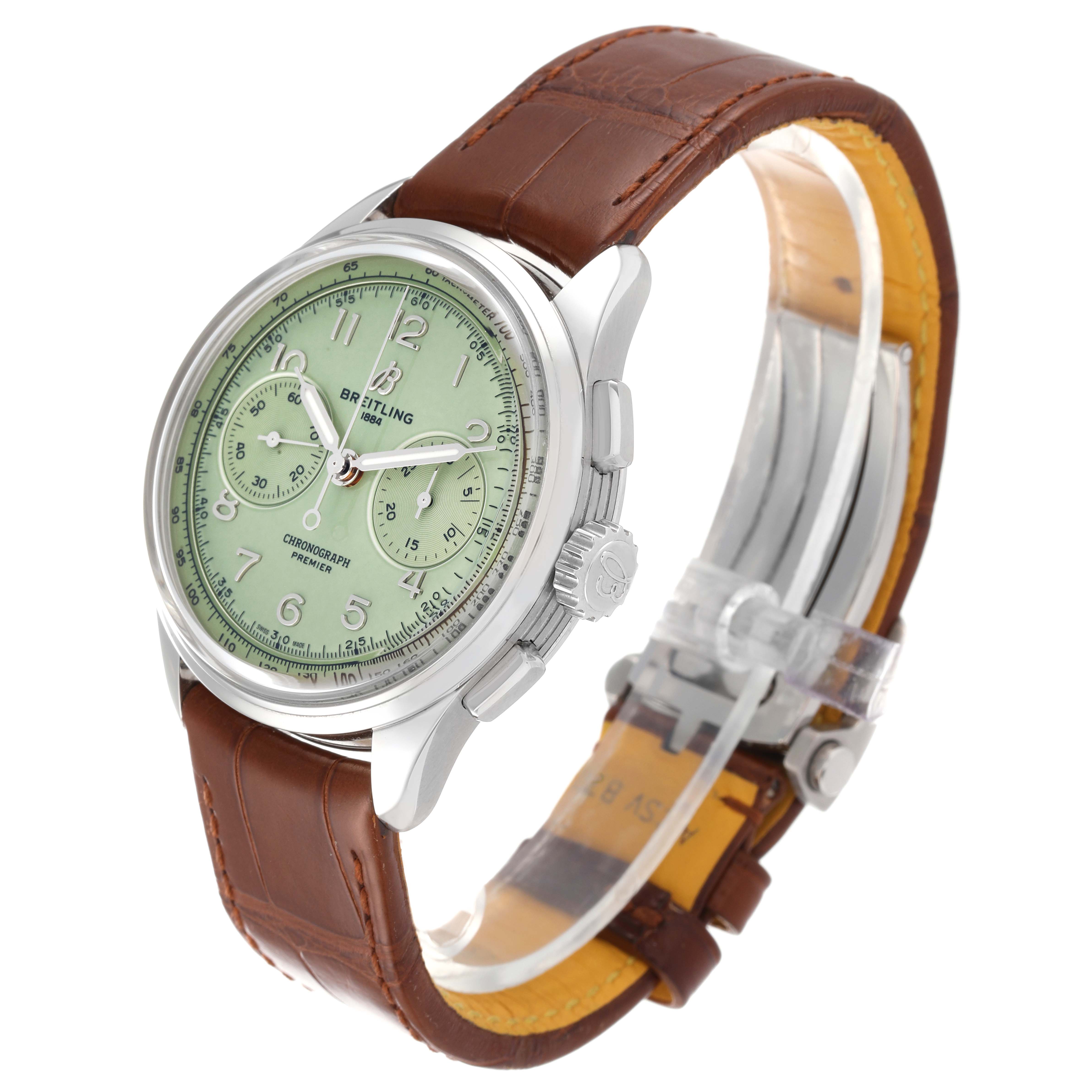 The Breitling Premier AB0930 Men
s Stainless Steel Green Dial AB0930 Men
s Stainless Steel Green Dial watch is shown at a three-quarter angle, displaying its face, crown, pushers, and brown leather strap.