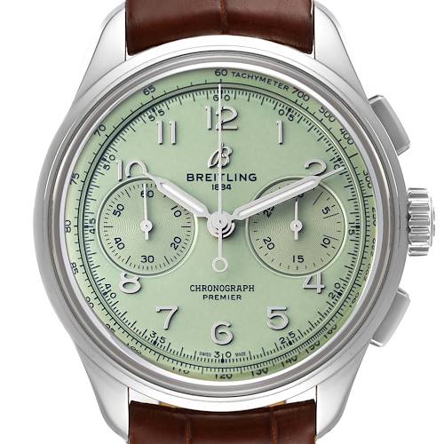 Photo of Breitling Premier B09 Chronograph 40 Green Dial Steel Mens Watch AB0930 Box Card