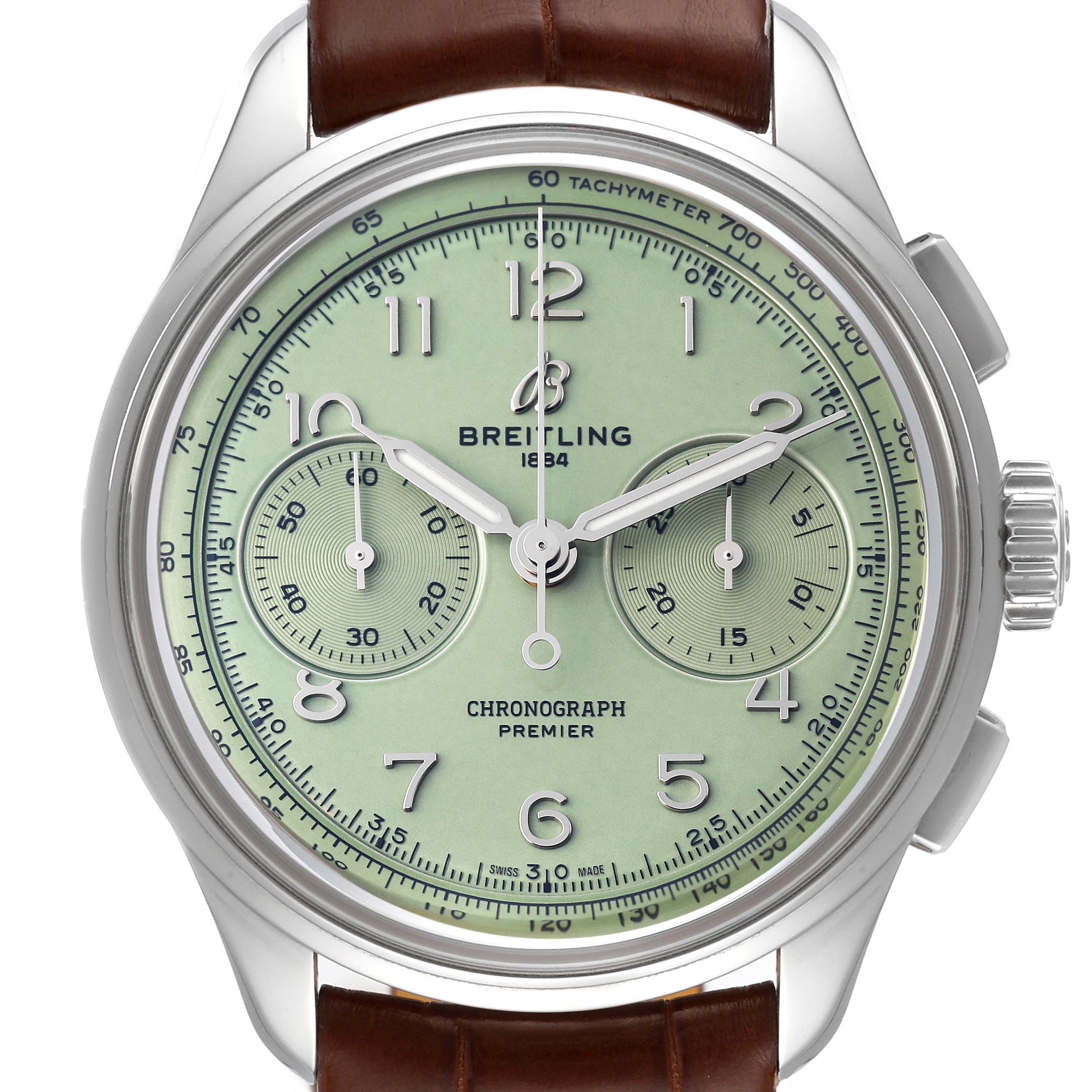 This image shows a front view of a Breitling Premier AB0930 Men
s Stainless Steel Green Dial AB0930 Men
s Stainless Steel Green Dial chronograph watch, highlighting its dial, hands, and crown.