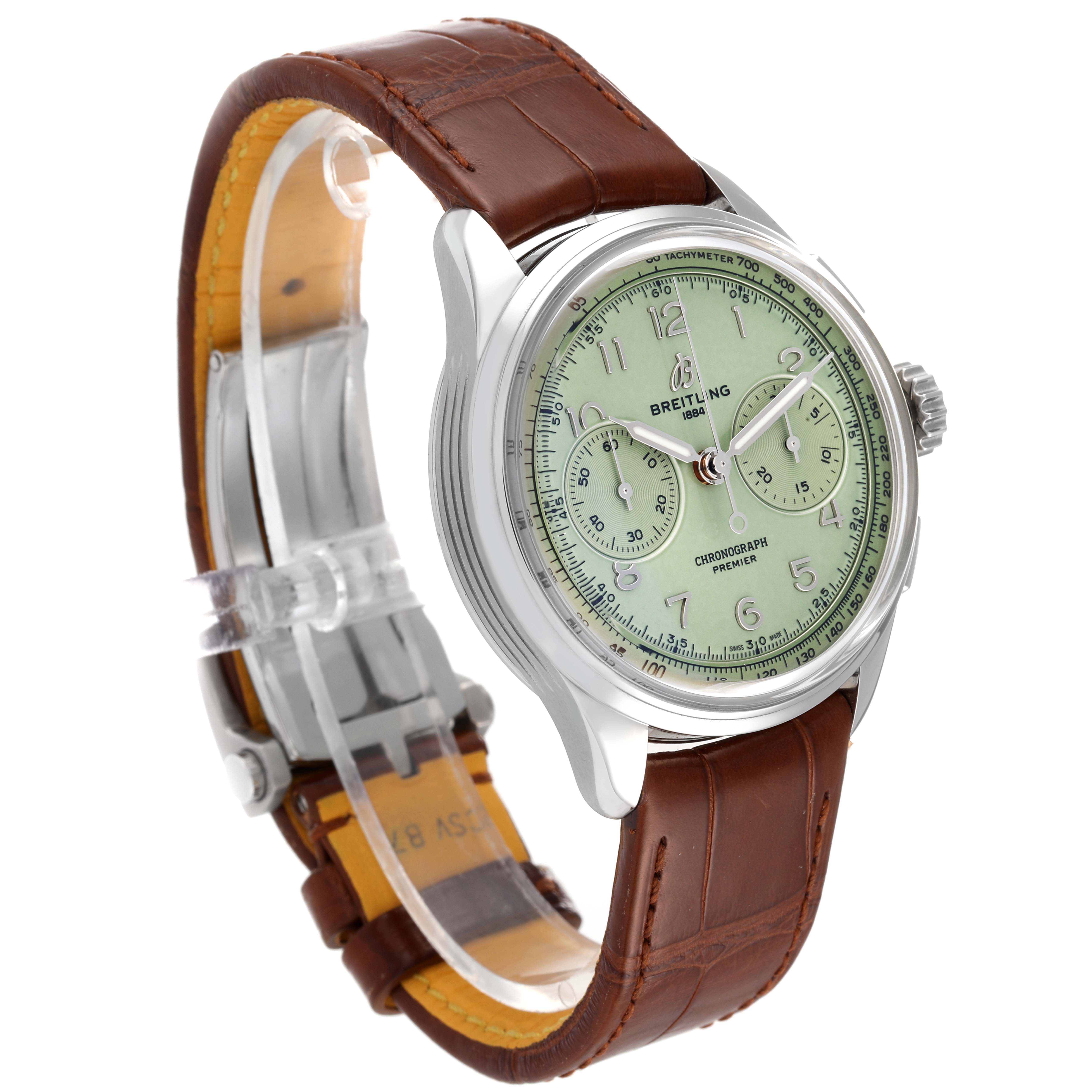 The image shows a Breitling Premier AB0930 Men
s Stainless Steel Green Dial AB0930 Men
s Stainless Steel Green Dial watch at a three-quarter angle, displaying its dial, case, crown, and leather strap.