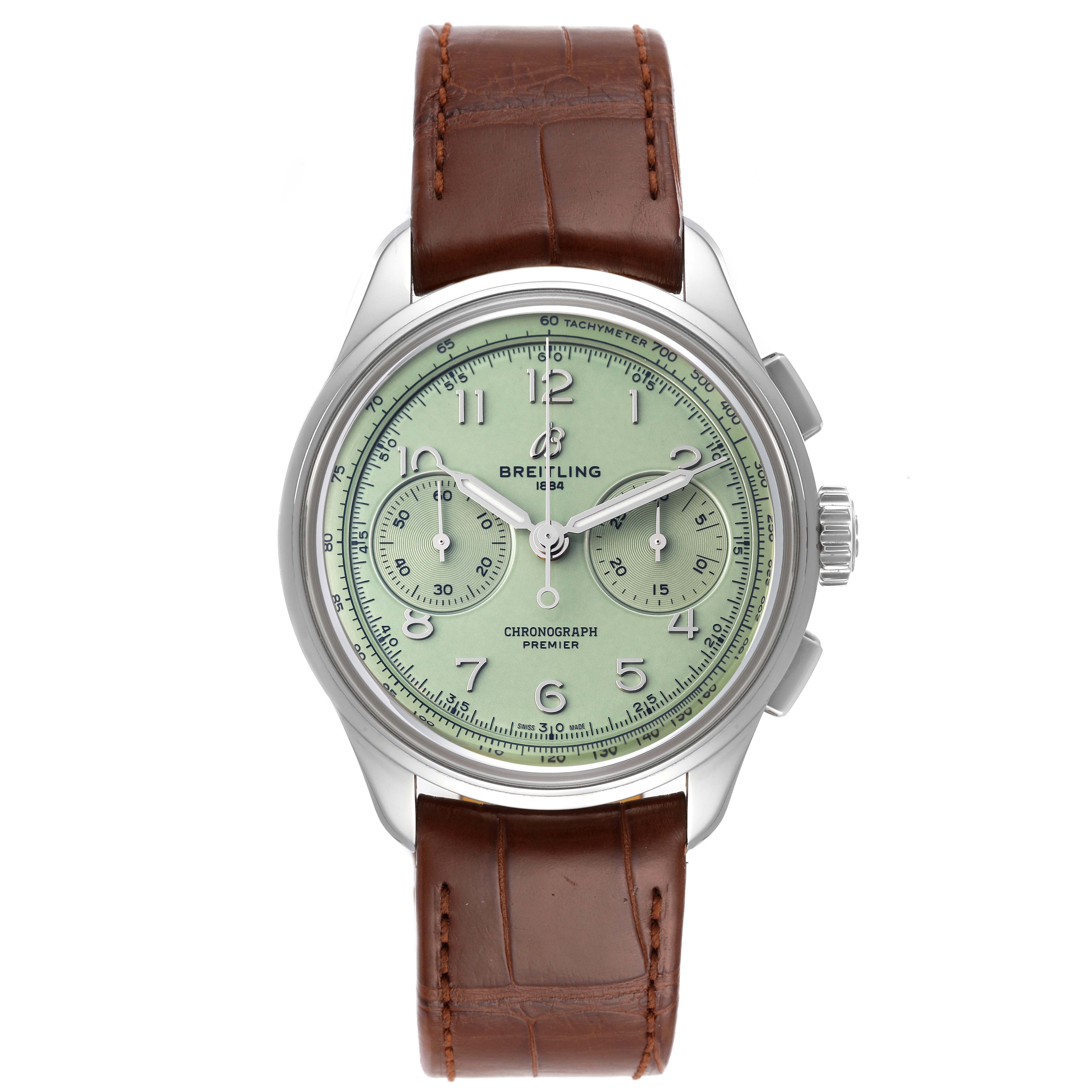 The image shows a front view of a Breitling Premier AB0930 Men
s Stainless Steel Green Dial AB0930 Men
s Stainless Steel Green Dial watch with a green dial, chronograph features, and a brown leather strap.