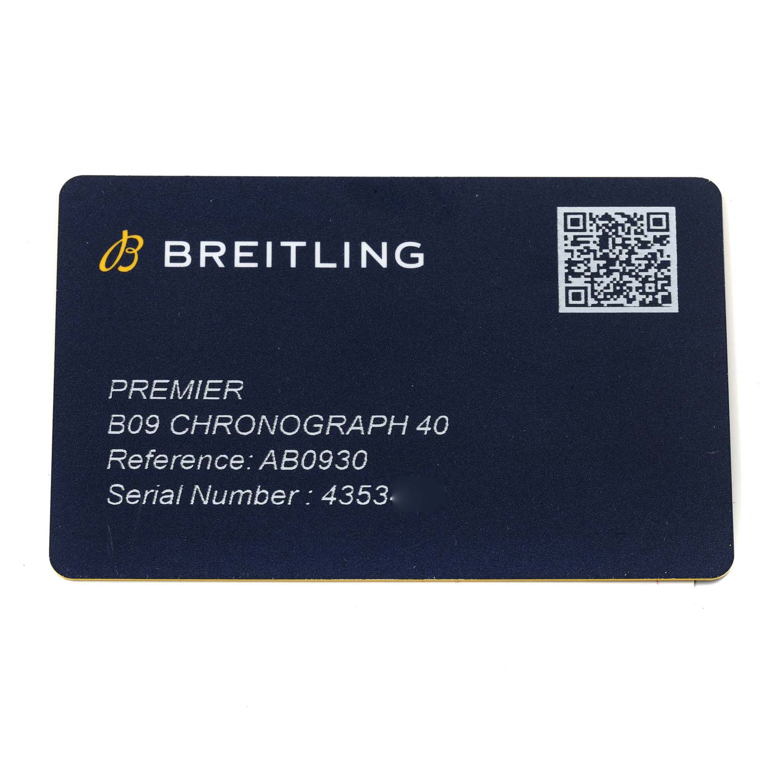 This image shows a close-up of a Breitling warranty card for the Premier B09 Chronograph 40 watch.
