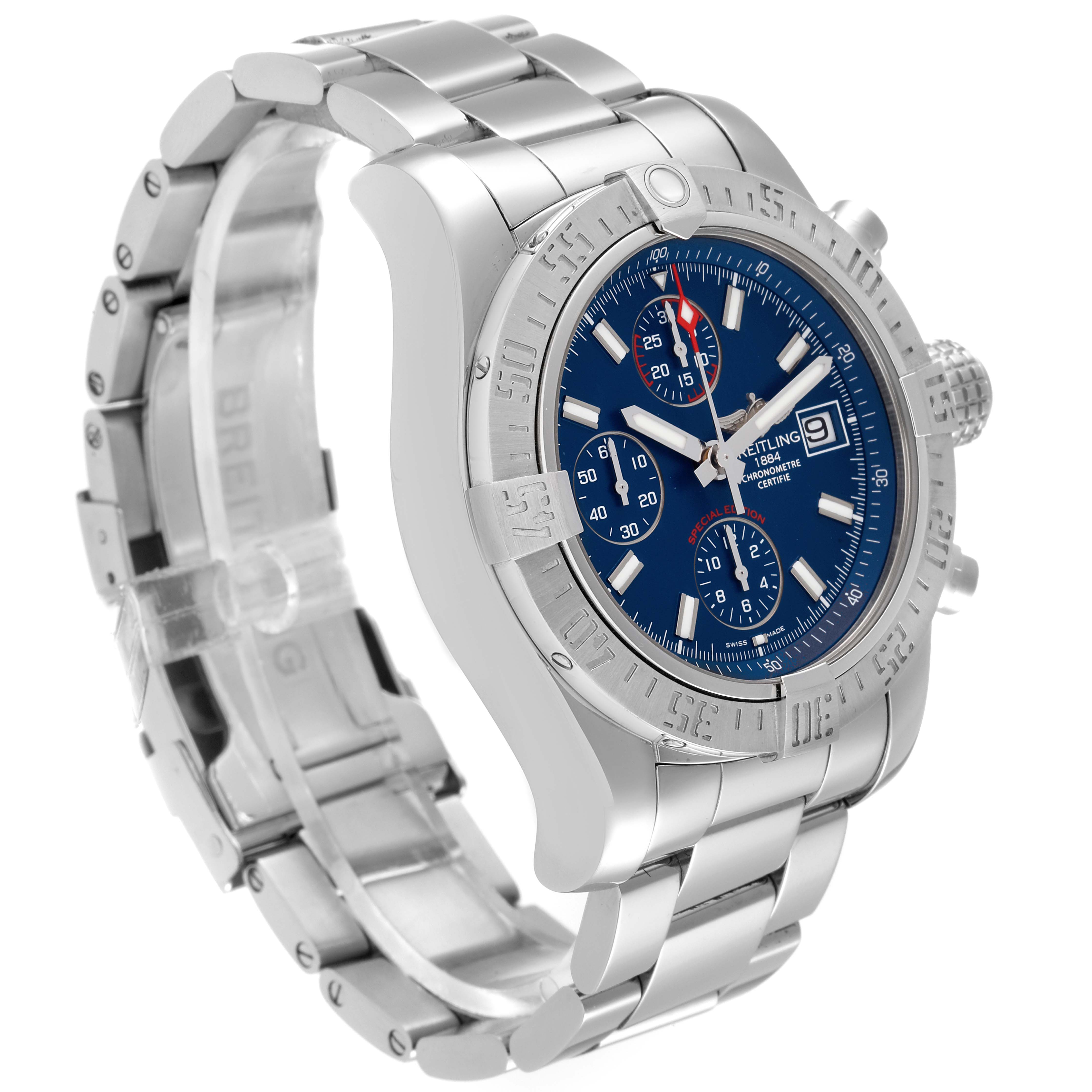 The image shows a side angle of a Breitling Avenger A13381 Men's Stainless Steel Blue Dial A13381 Men's Stainless Steel Blue Dial watch, highlighting the stainless steel bracelet, blue dial, and bezel.