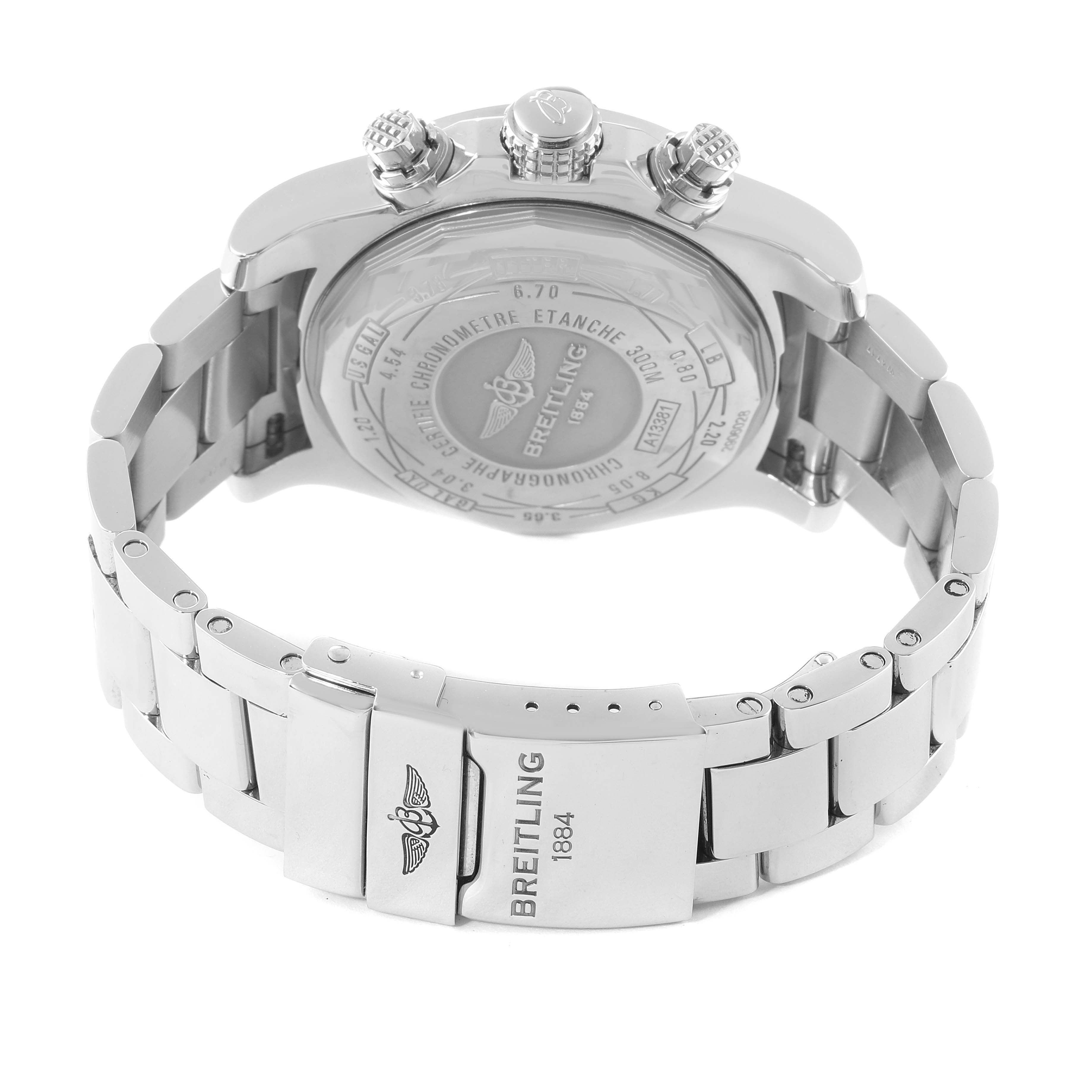 The image shows the back and bracelet of a Breitling Avenger A13381 Men's Stainless Steel Blue Dial A13381 Men's Stainless Steel Blue Dial watch, highlighting the case back and clasp details.