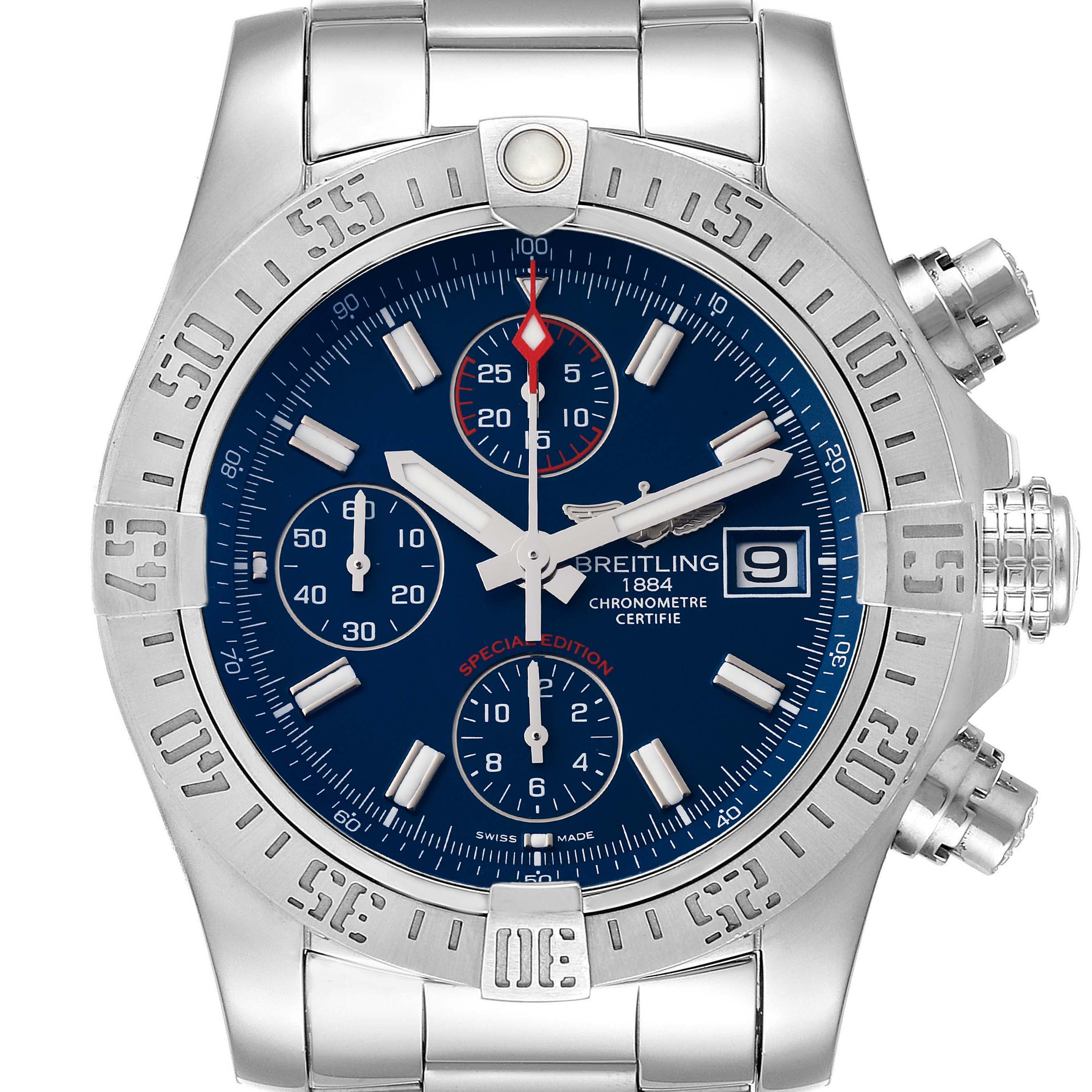 This close-up image shows the front view of the Breitling Avenger A13381 Men's Stainless Steel Blue Dial A13381 Men's Stainless Steel Blue Dial watch, highlighting its face, bezel, and pushers.