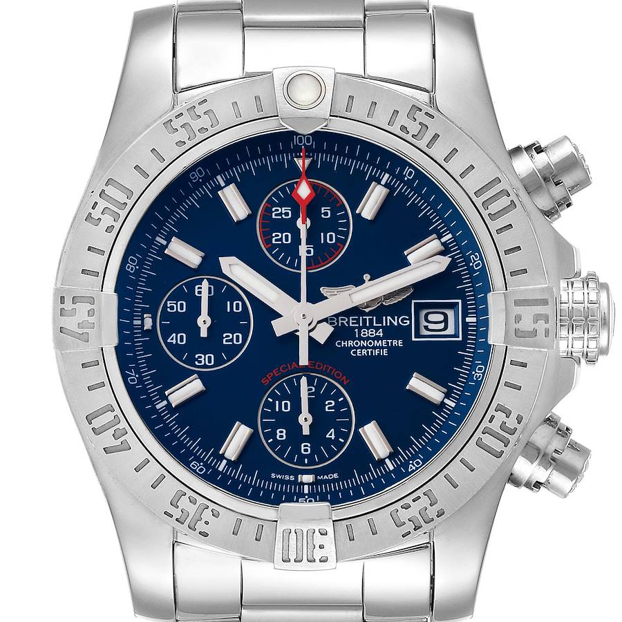 Breitling Super Avenger Blue Dial Chronograph Mens Watch A13381 Box Papers +1 extra link SwissWatchExpo
