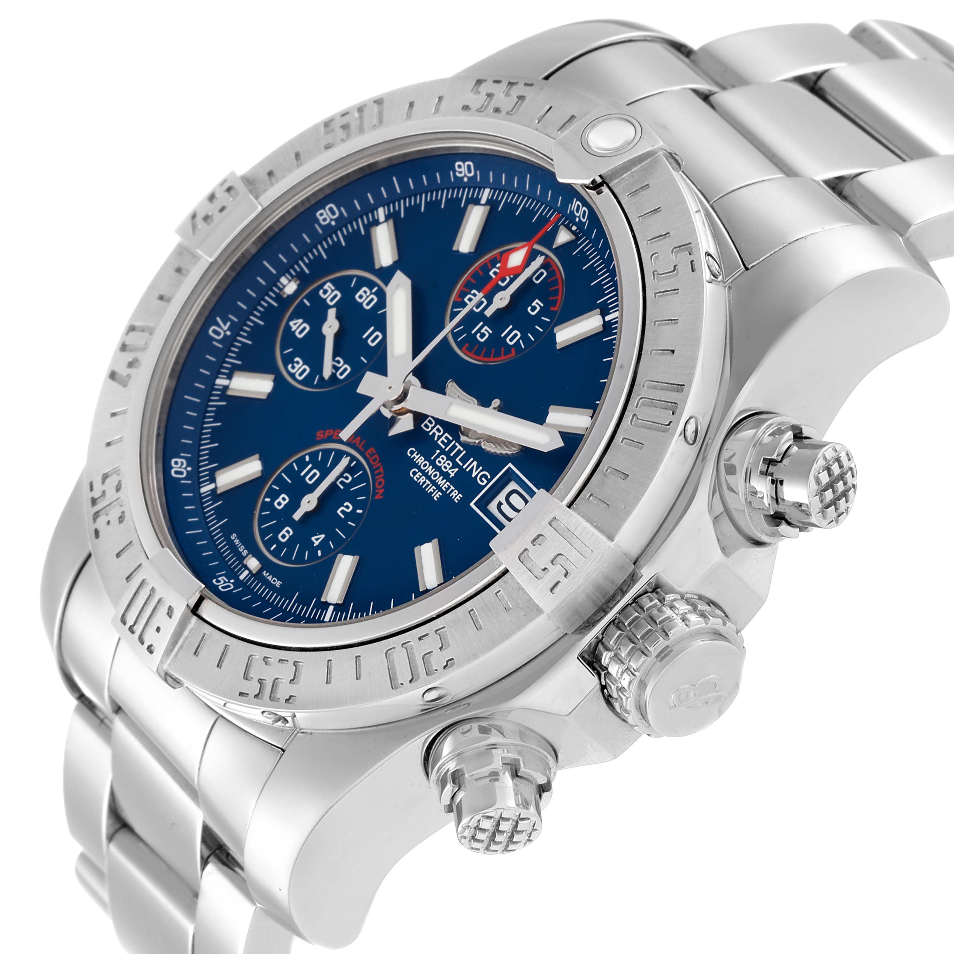 The Breitling Avenger A13381 Men's Stainless Steel Blue Dial A13381 Men's Stainless Steel Blue Dial watch is shown at an angle displaying the face, bezel, crown, and parts of the bracelet.