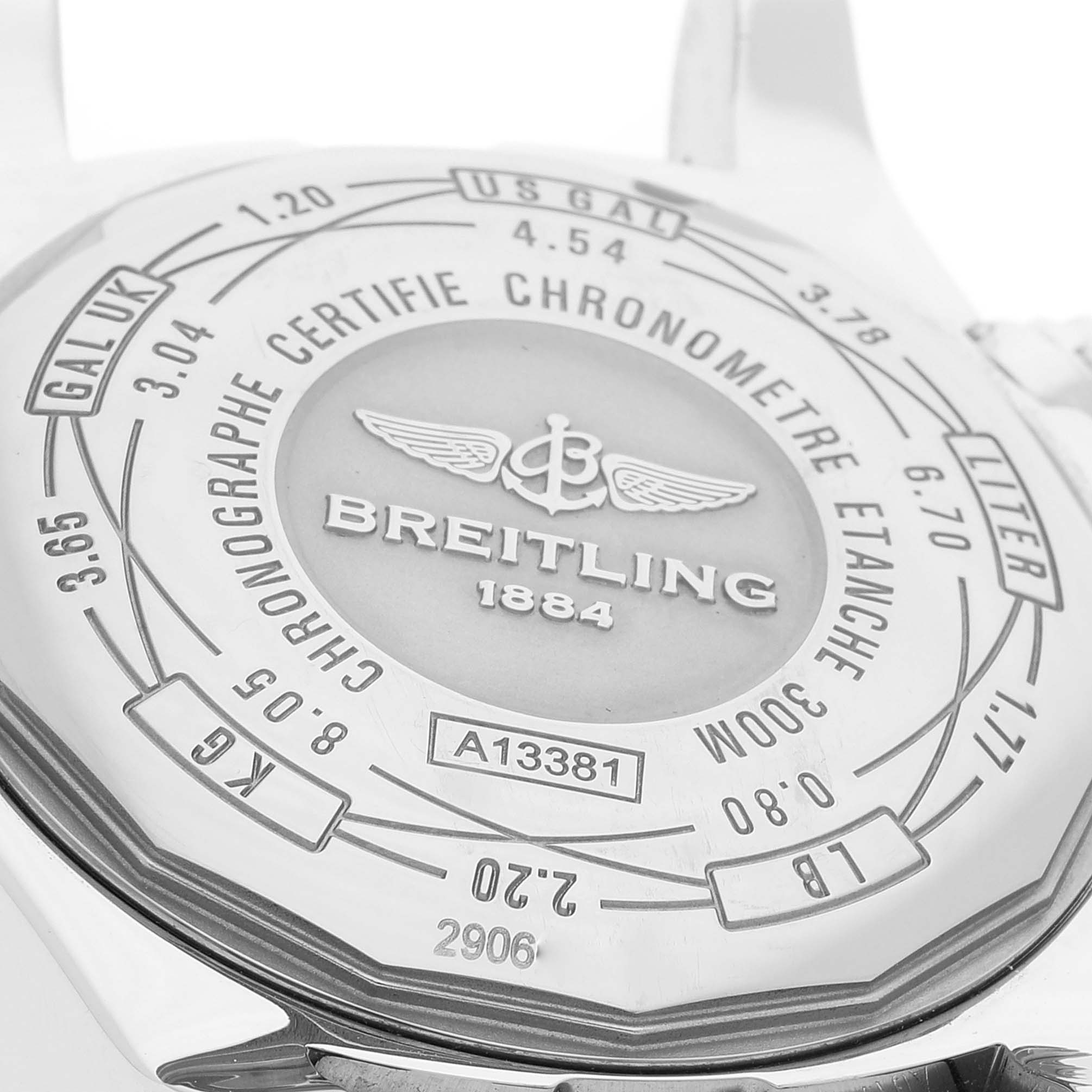 The image shows the back case of the Breitling Avenger A13381 Men's Stainless Steel Blue Dial A13381 Men's Stainless Steel Blue Dial watch, featuring branding and technical specifications.