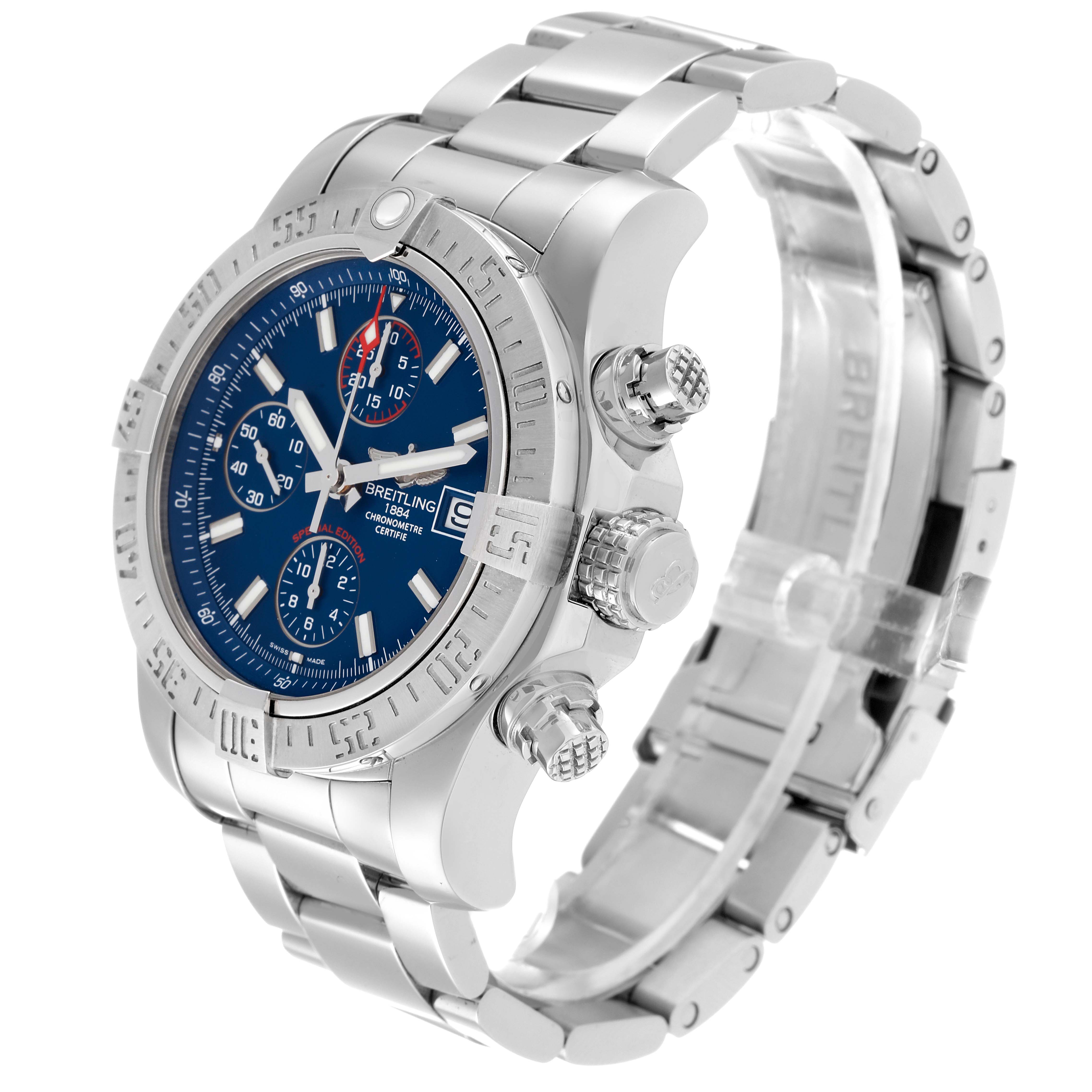 The Breitling Avenger A13381 Men's Stainless Steel Blue Dial A13381 Men's Stainless Steel Blue Dial watch is shown at a three-quarter angle, highlighting its face, bezel, crown, pushers, and bracelet.