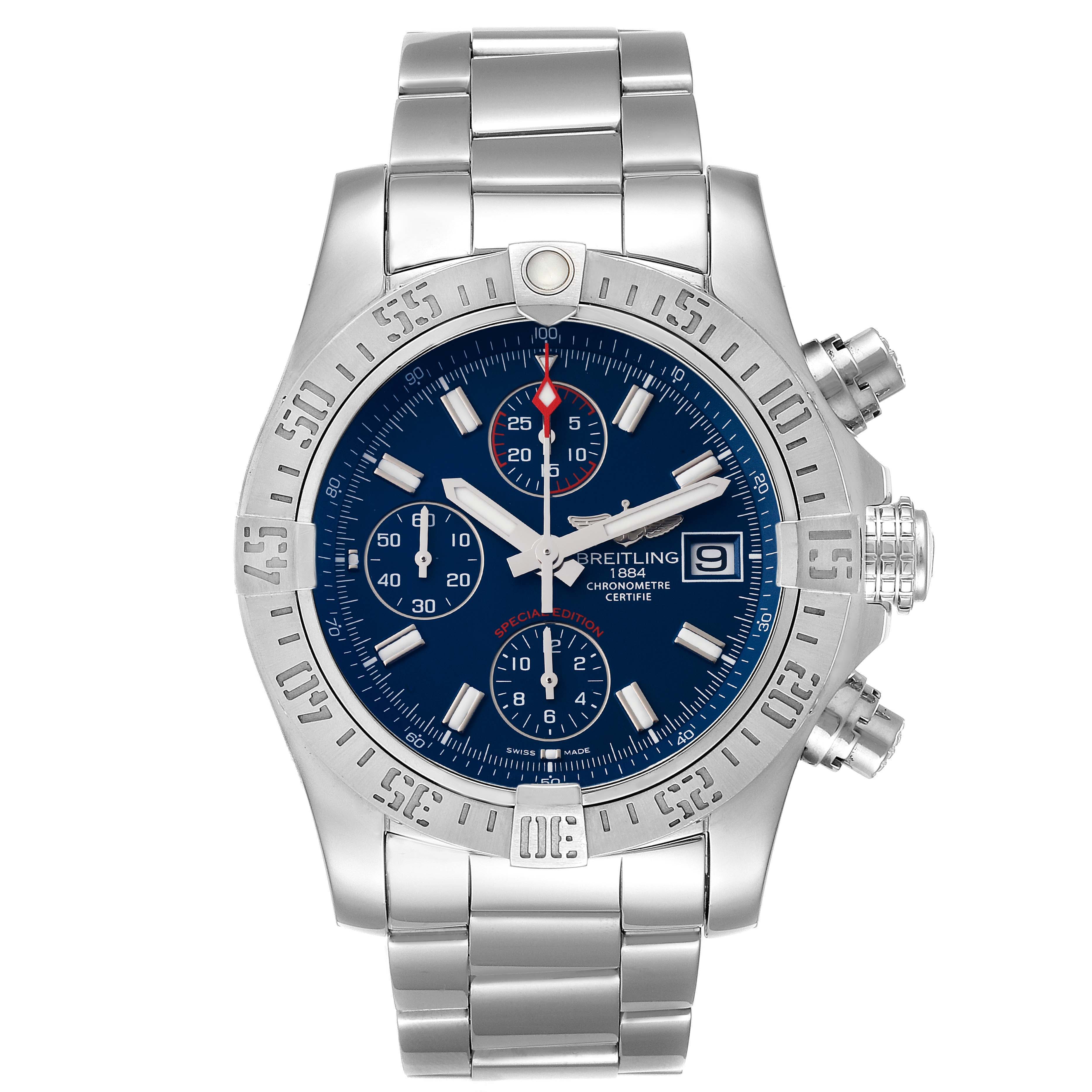 The image shows a frontal view of the Breitling Avenger A13381 Men's Stainless Steel Blue Dial A13381 Men's Stainless Steel Blue Dial watch, highlighting its face, bezel, and metal bracelet.
