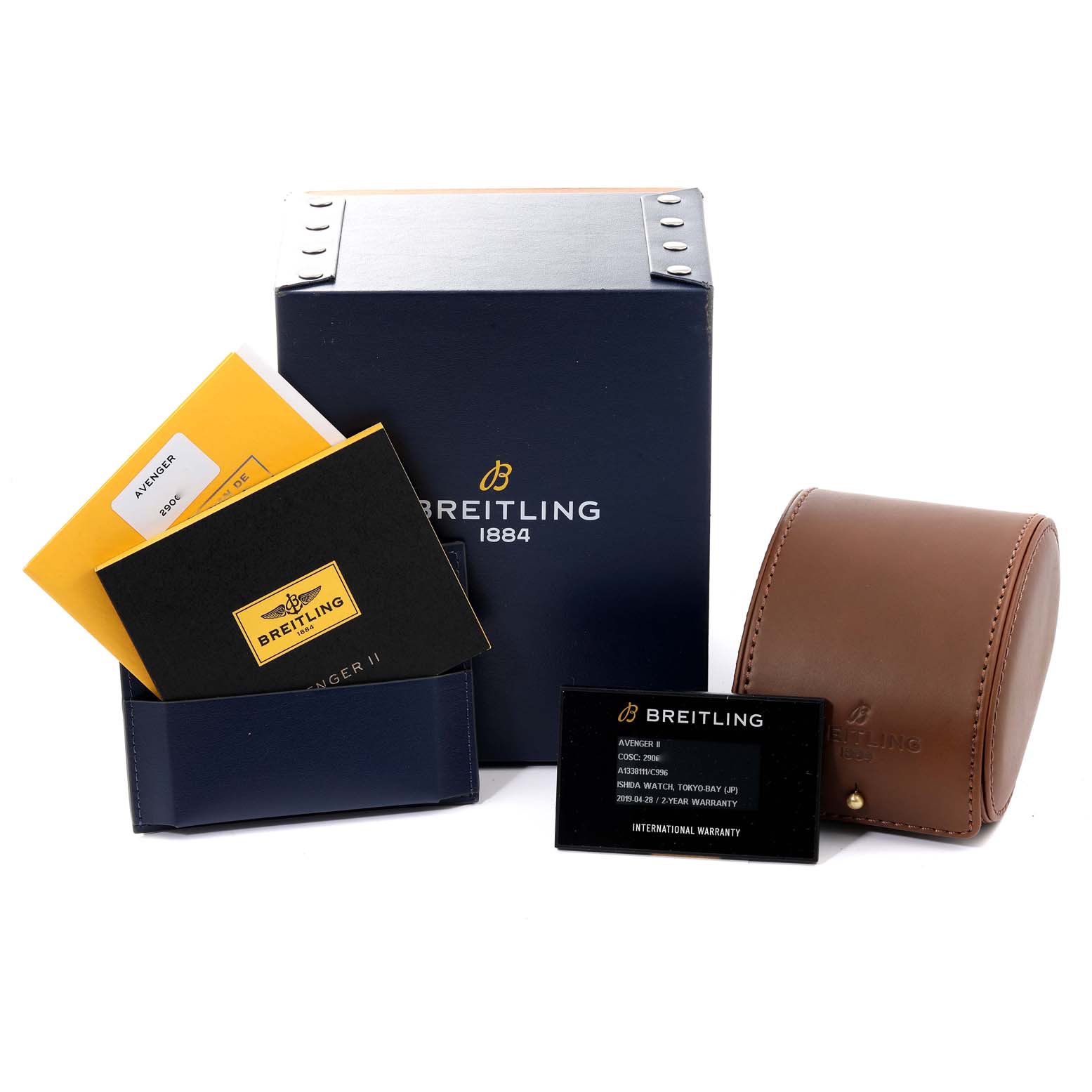 The image shows the packaging and accessories for a Breitling Avenger A13381 Men's Stainless Steel Blue Dial A13381 Men's Stainless Steel Blue Dial watch, including a box, leather case, warranty card, and manuals.